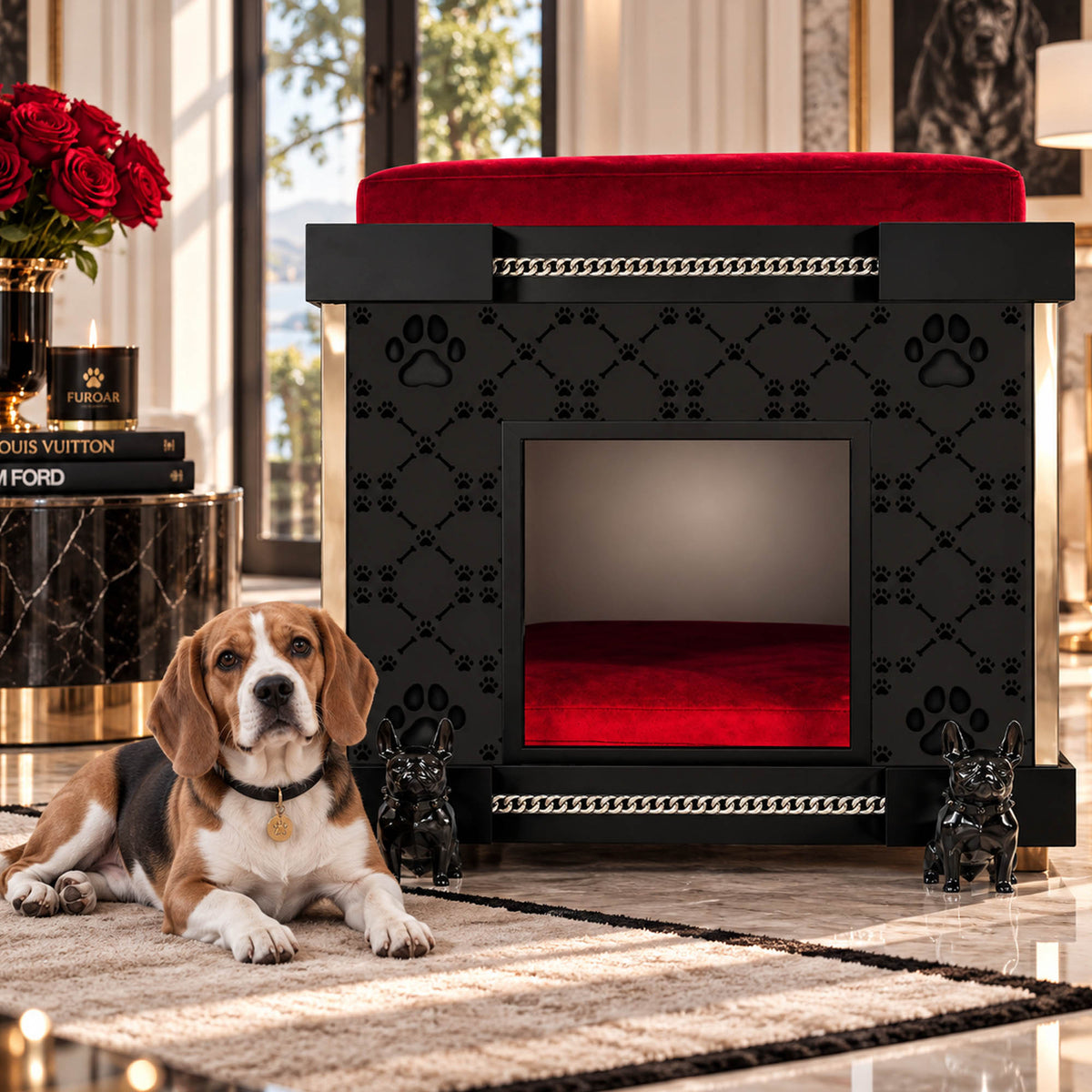 A black pet dog crate with a red velvet cushion top and red interior, decorated with paw print patterns and chain accents, shown in a styled living room with a beagle lying in front.