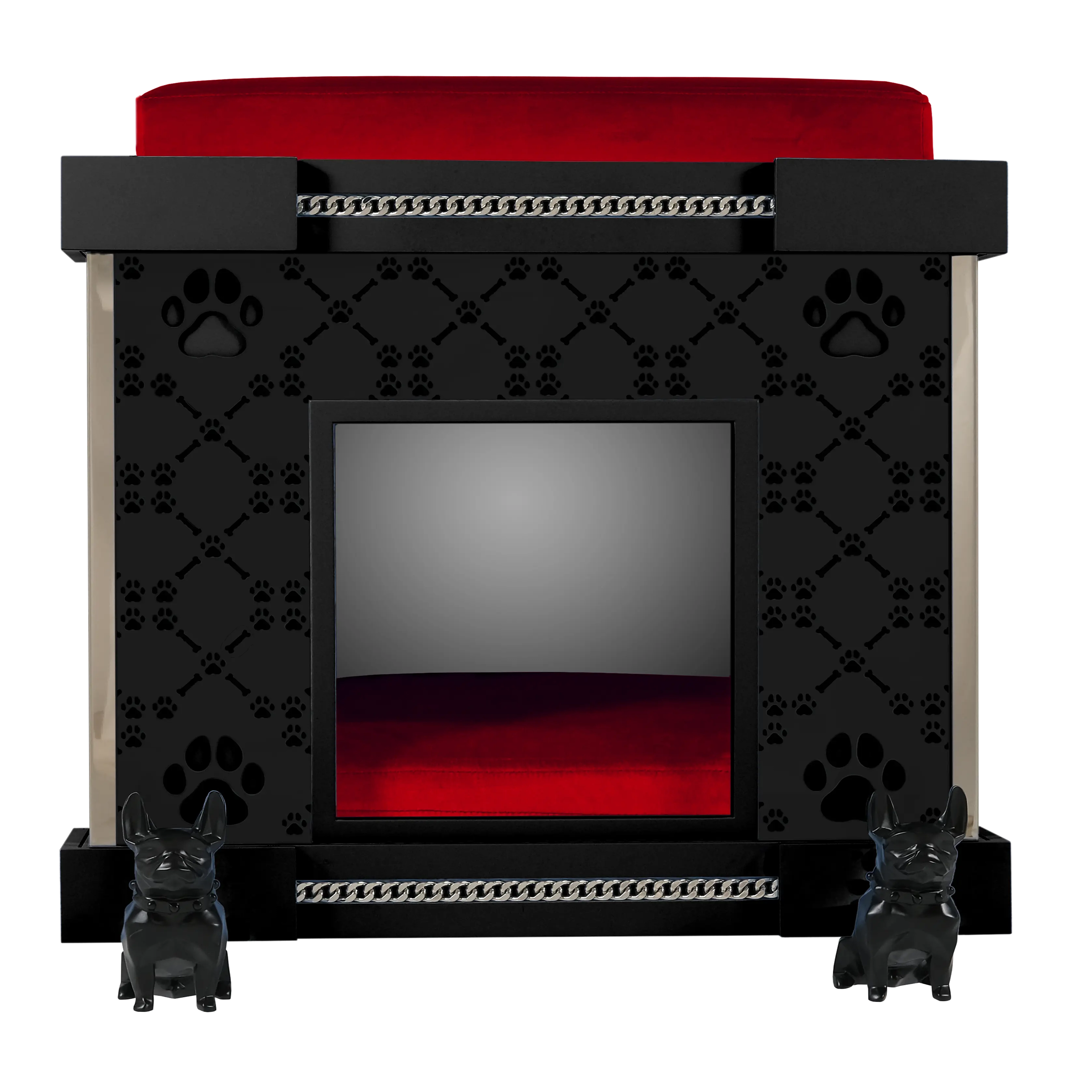 Signature facade on the Icon Executive dog pet furniture kennel with black Bulldog casters.