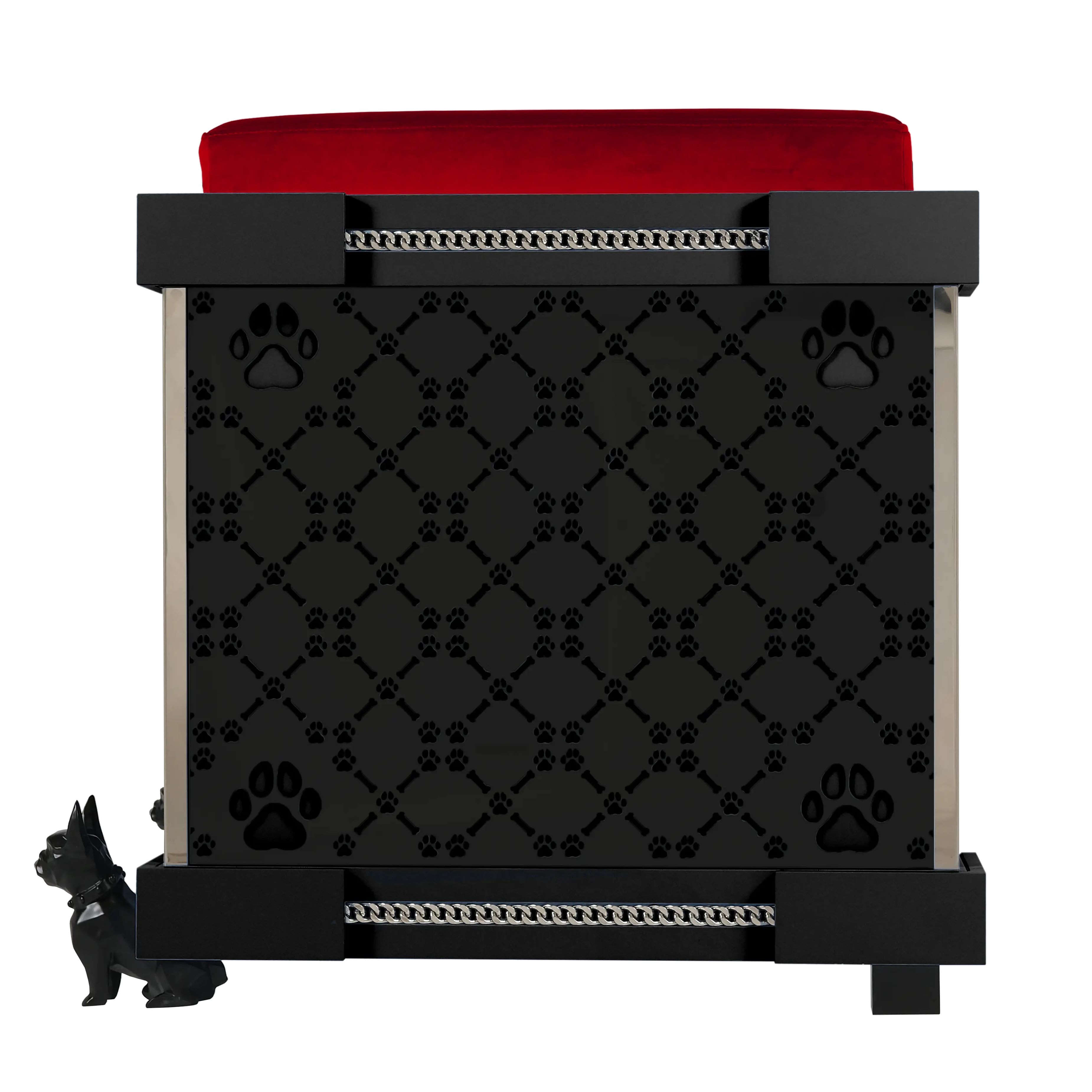 Bespoke Executive elevation of the Icon dog pet furniture kennel with signature patterns.