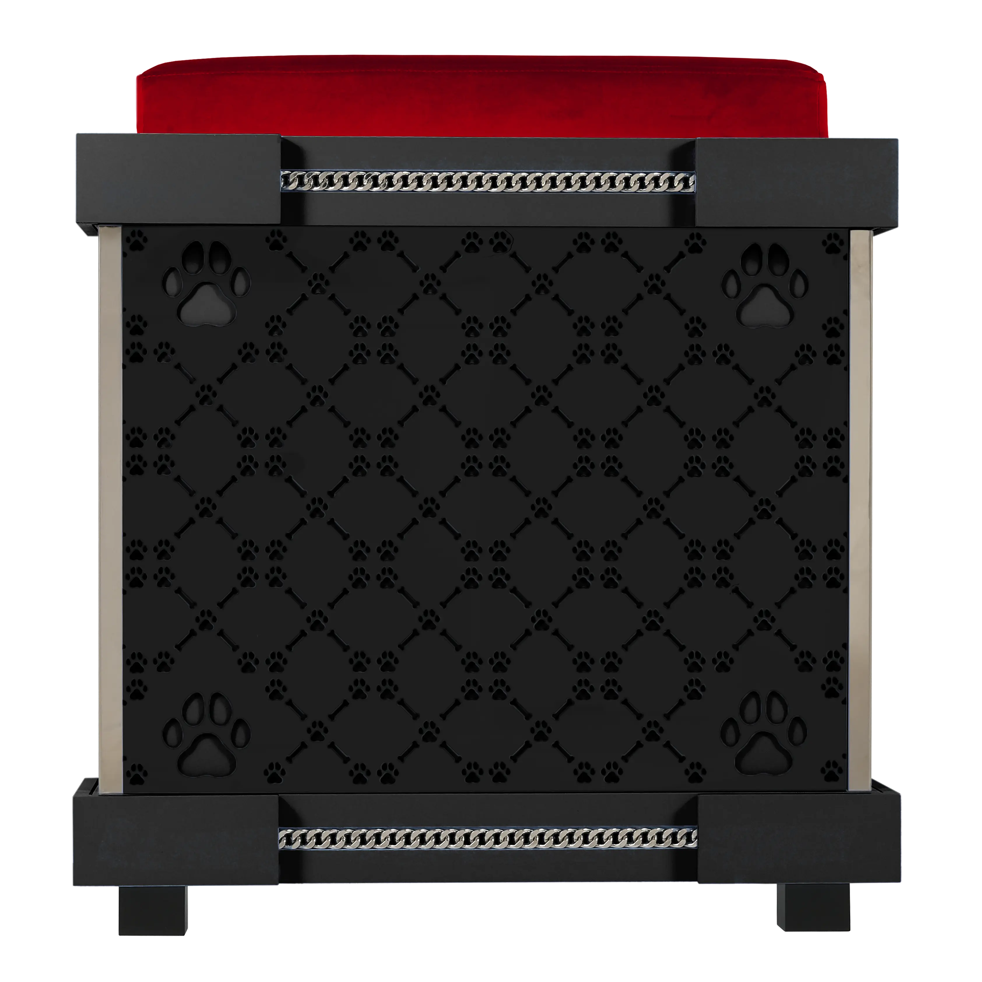 Rear view of the Icon Executive Medium dog pet furniture kennel house with patterned walls.