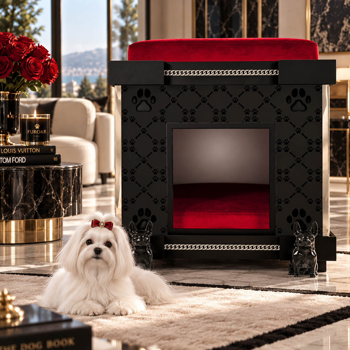 A luxury black dog house with red velvet cushions and a diamond-patterned front panel, shown in a high-end living room with a small white dog wearing a red bow on a rug.