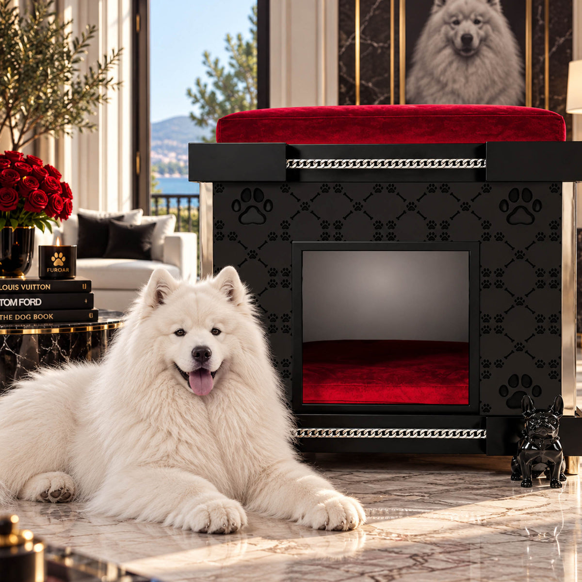 A fluffy white Samoyed lies on a marble floor in front of a black dog house with a red cushioned top and red interior. The dog house has a subtle pattern and paw print details.