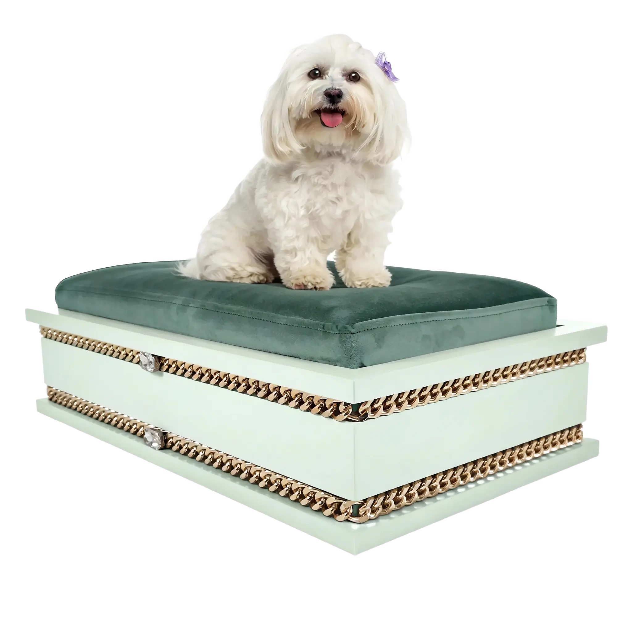 FUROAR Ivy Medium luxury designer pet bed for cats and toy dogs with gold jewelry accessories.