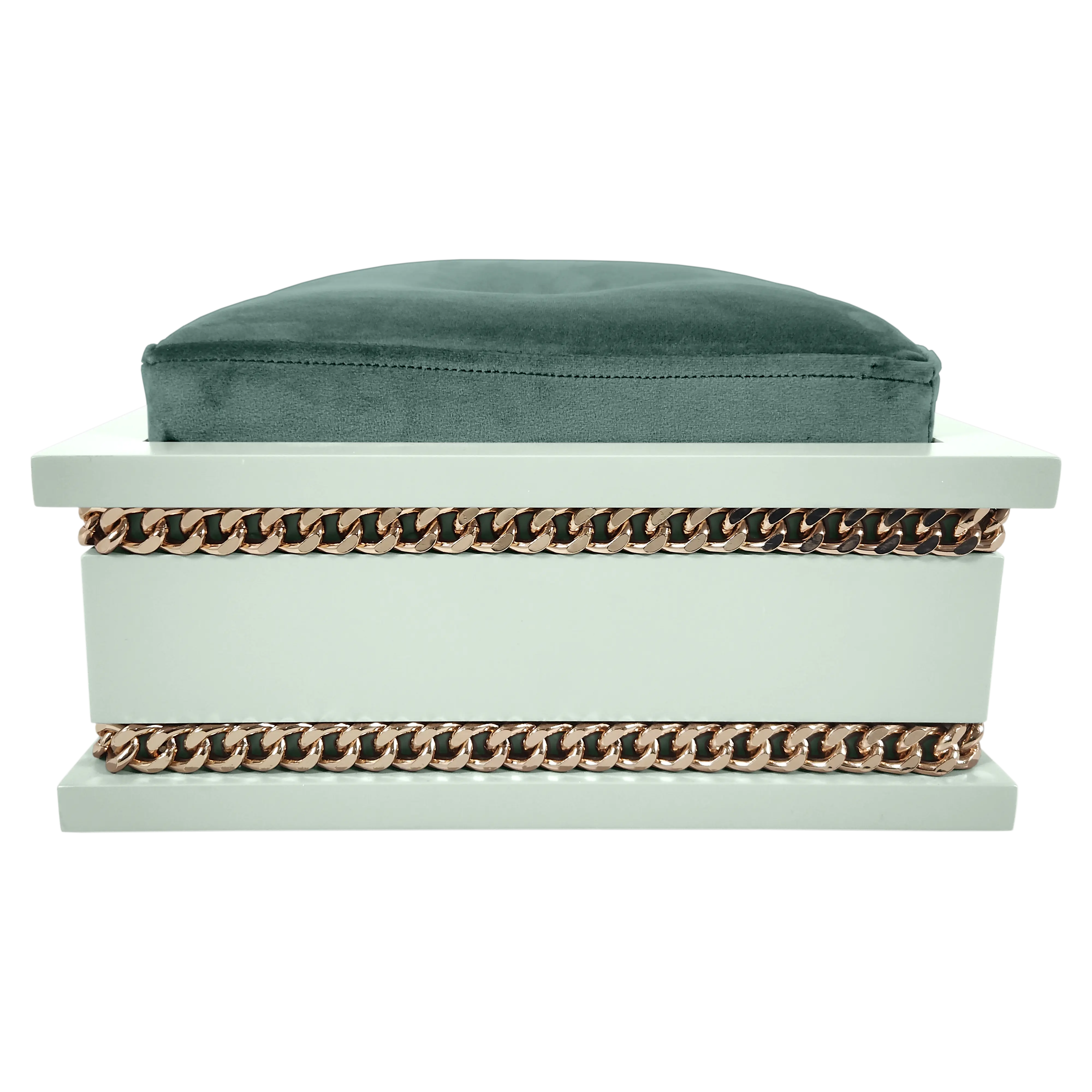 Back view of FUROAR Ivy Small designer pet bed highlighting the gold chain detailing