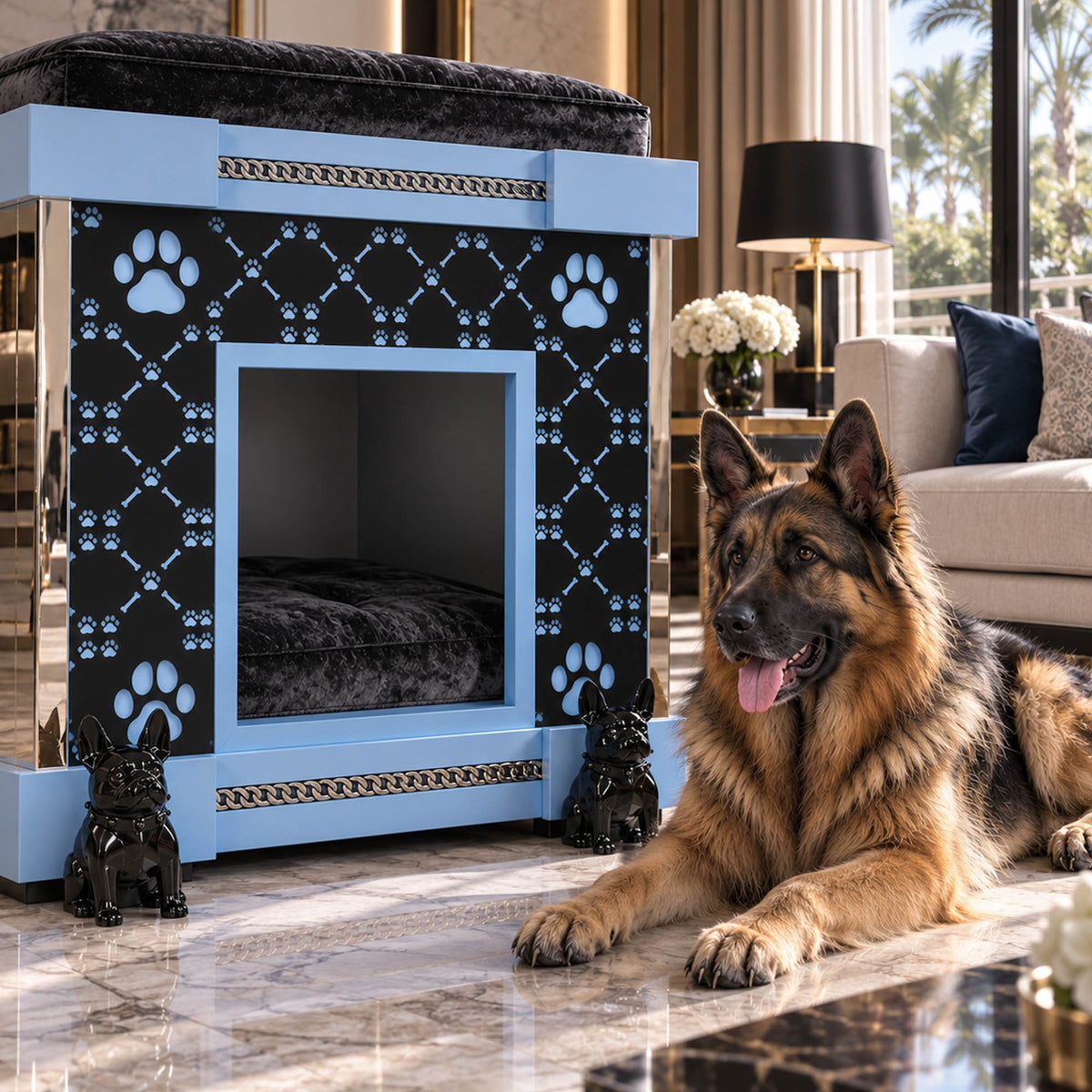 A large luxury dog house with a black and light blue patterned exterior, plush dark gray bed, and small black dog statues on the front, shown in a high-end living room with a German Shepherd lying beside it.