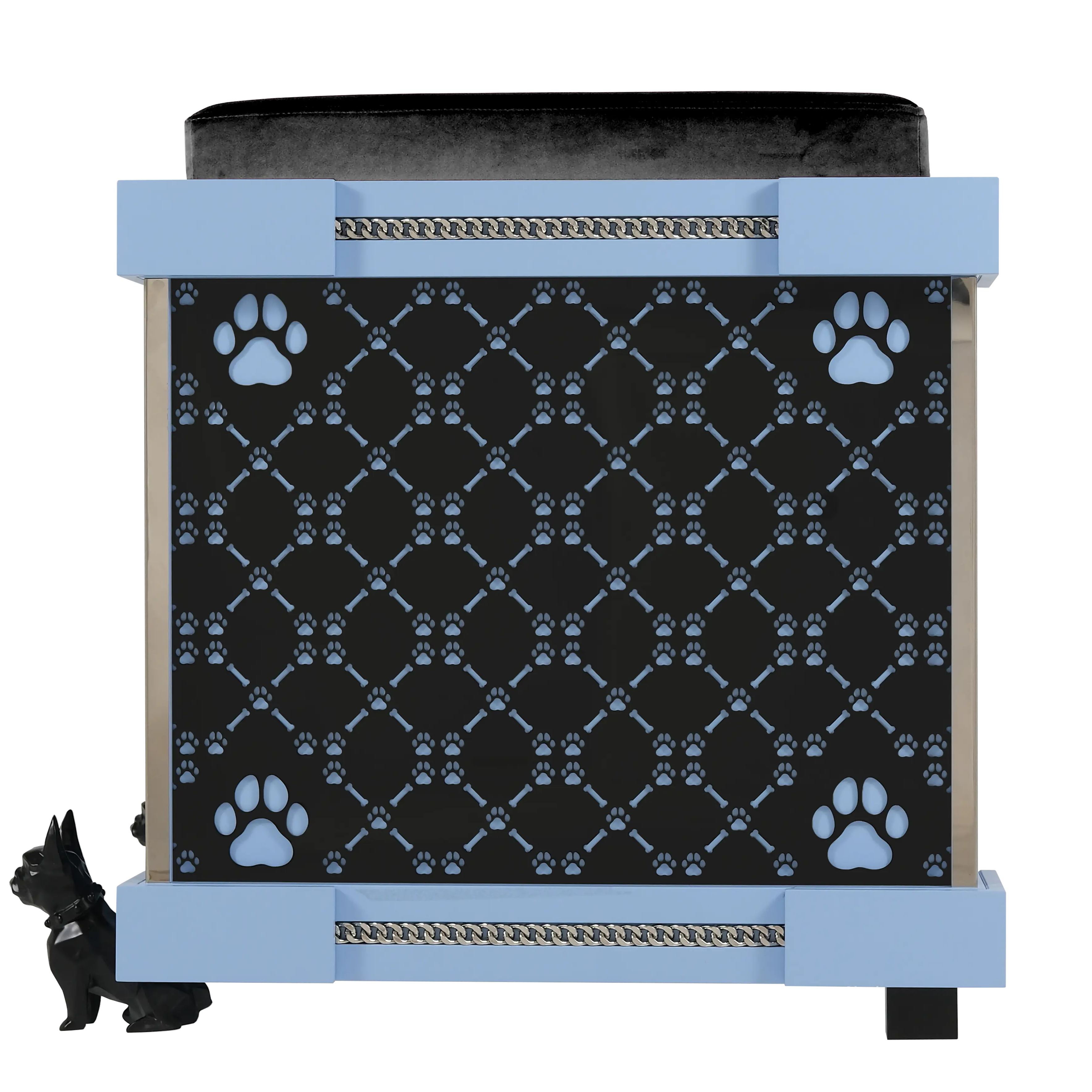 Bespoke elevation of the Junior Executive puppy dog pet furniture kennel with signature patterns.