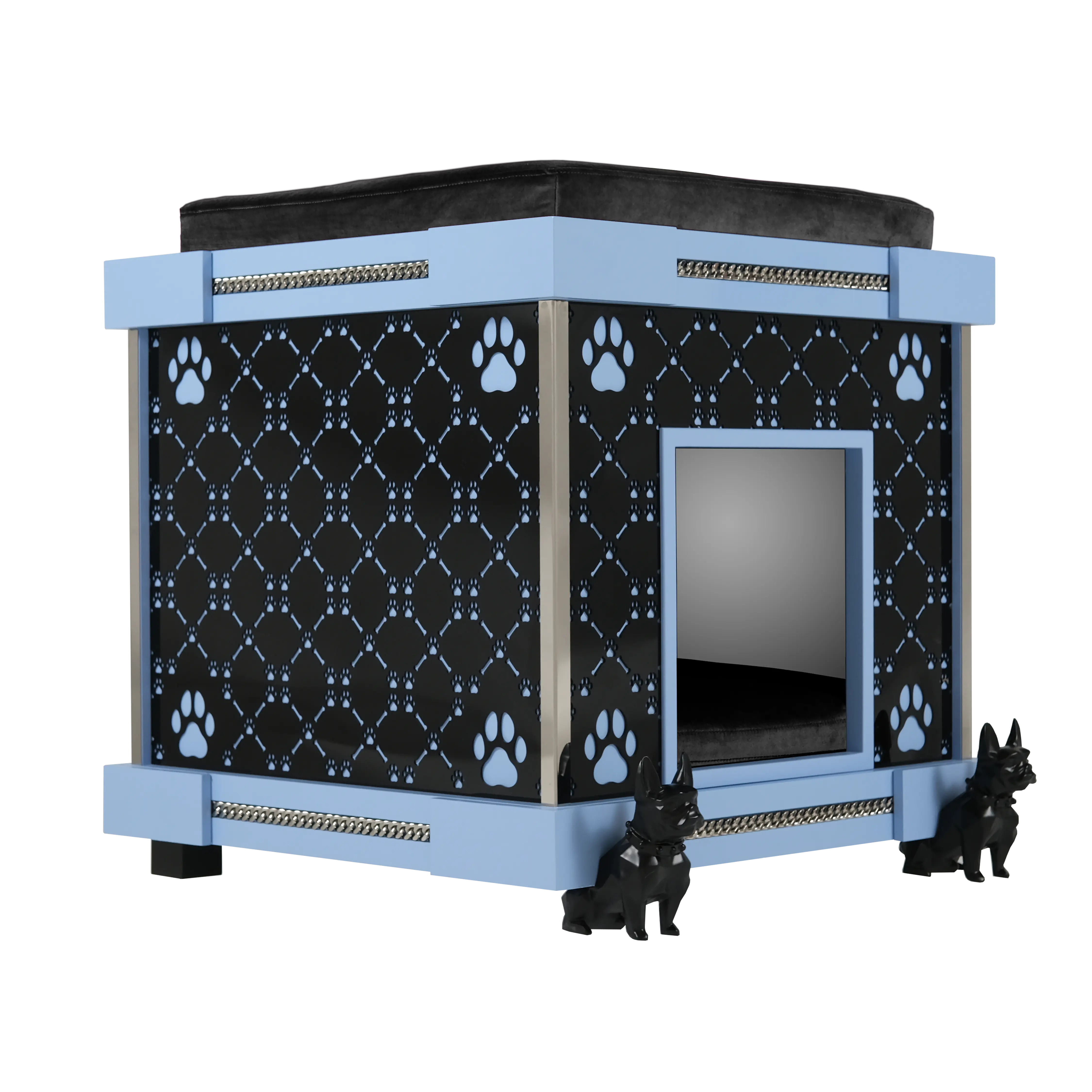 Medium puppy dog pet furniture nursery interior with a bespoke velvet bed and rooftop cushion.