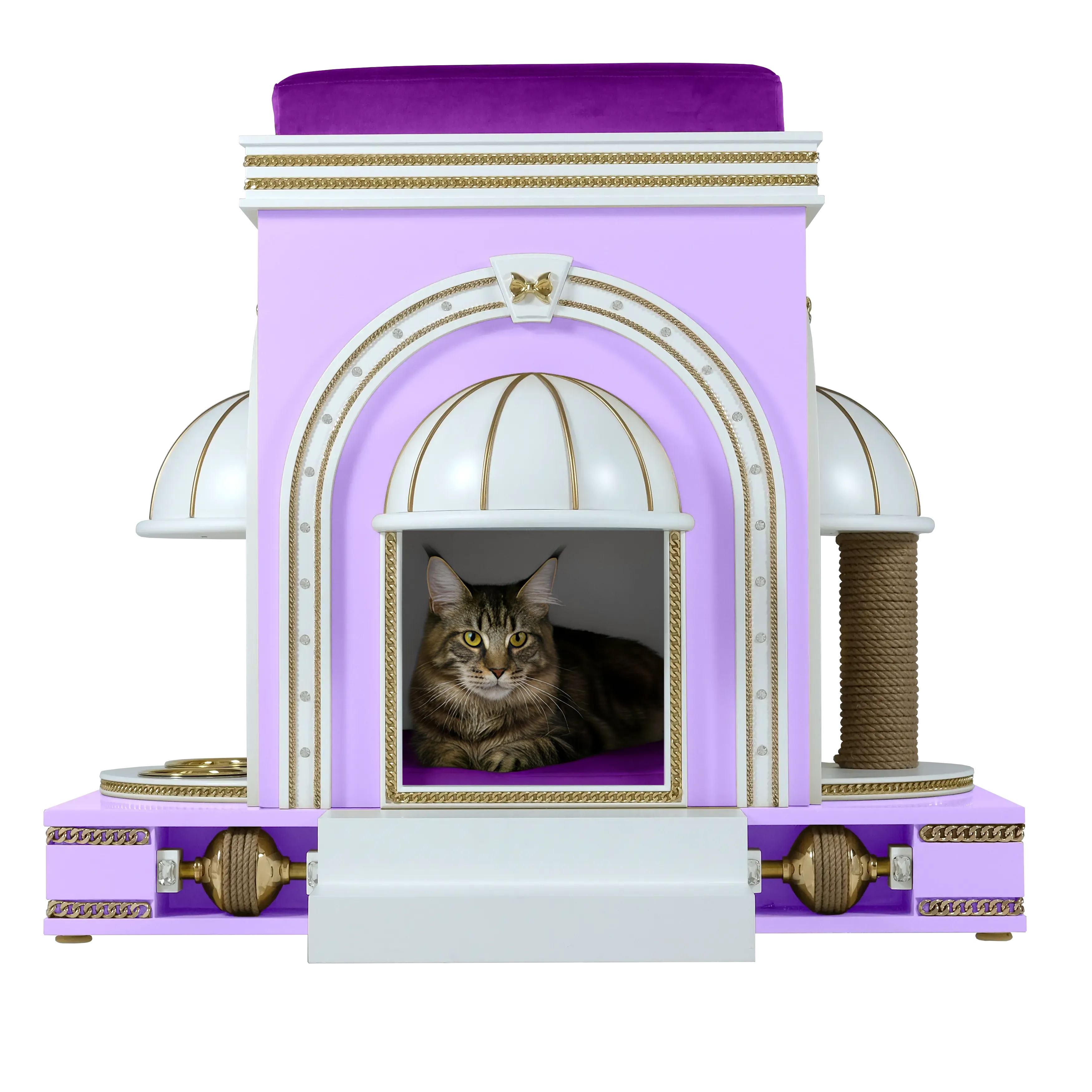 "A noble cat resting inside the LOLLY romantic cat mansion, a designer sanctuary blending refined modern elegance with an expression of pure love."