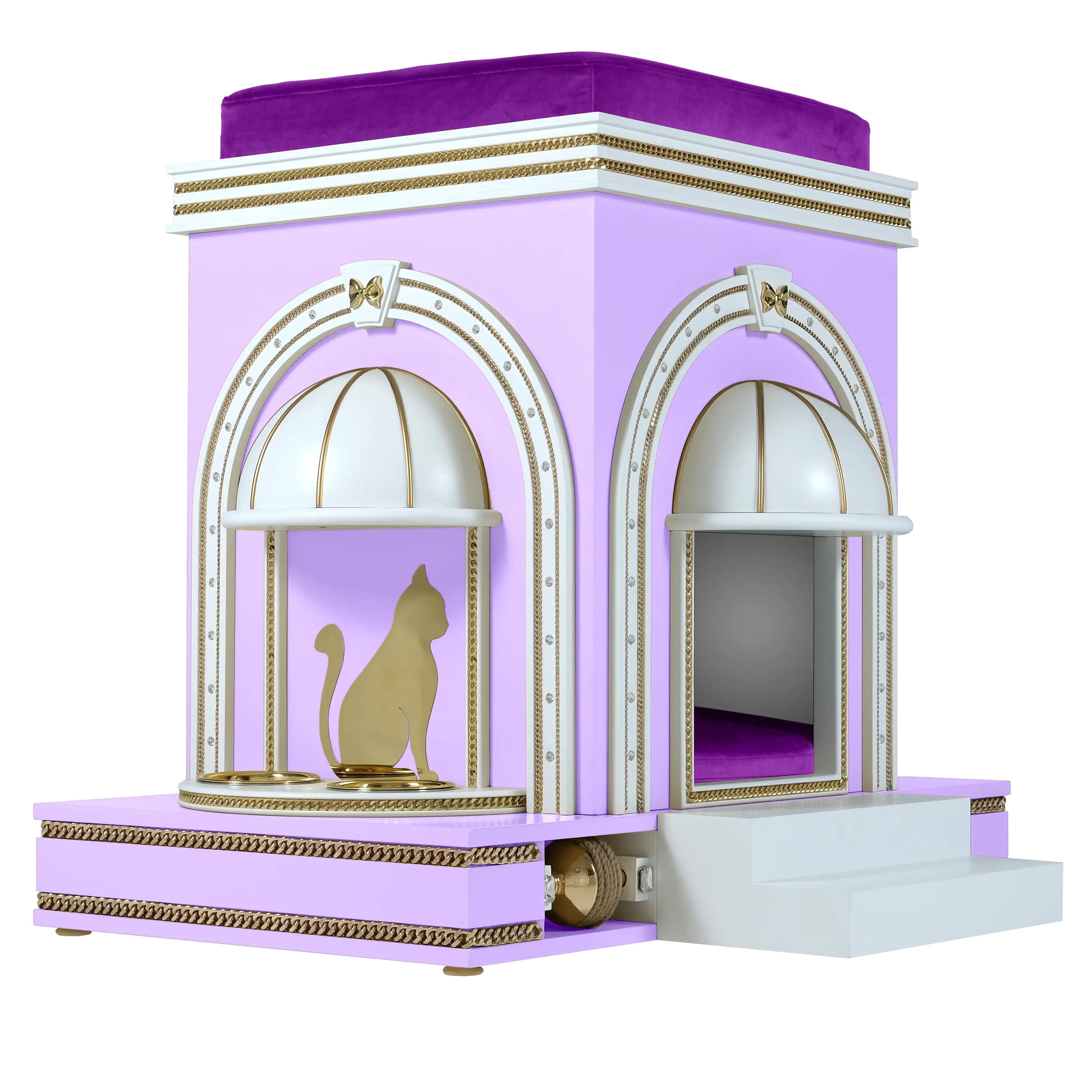 "Side profile of the LOLLY modern designer cat house, highlighting the tamed structural lines and romantic architectural furniture aesthetic."