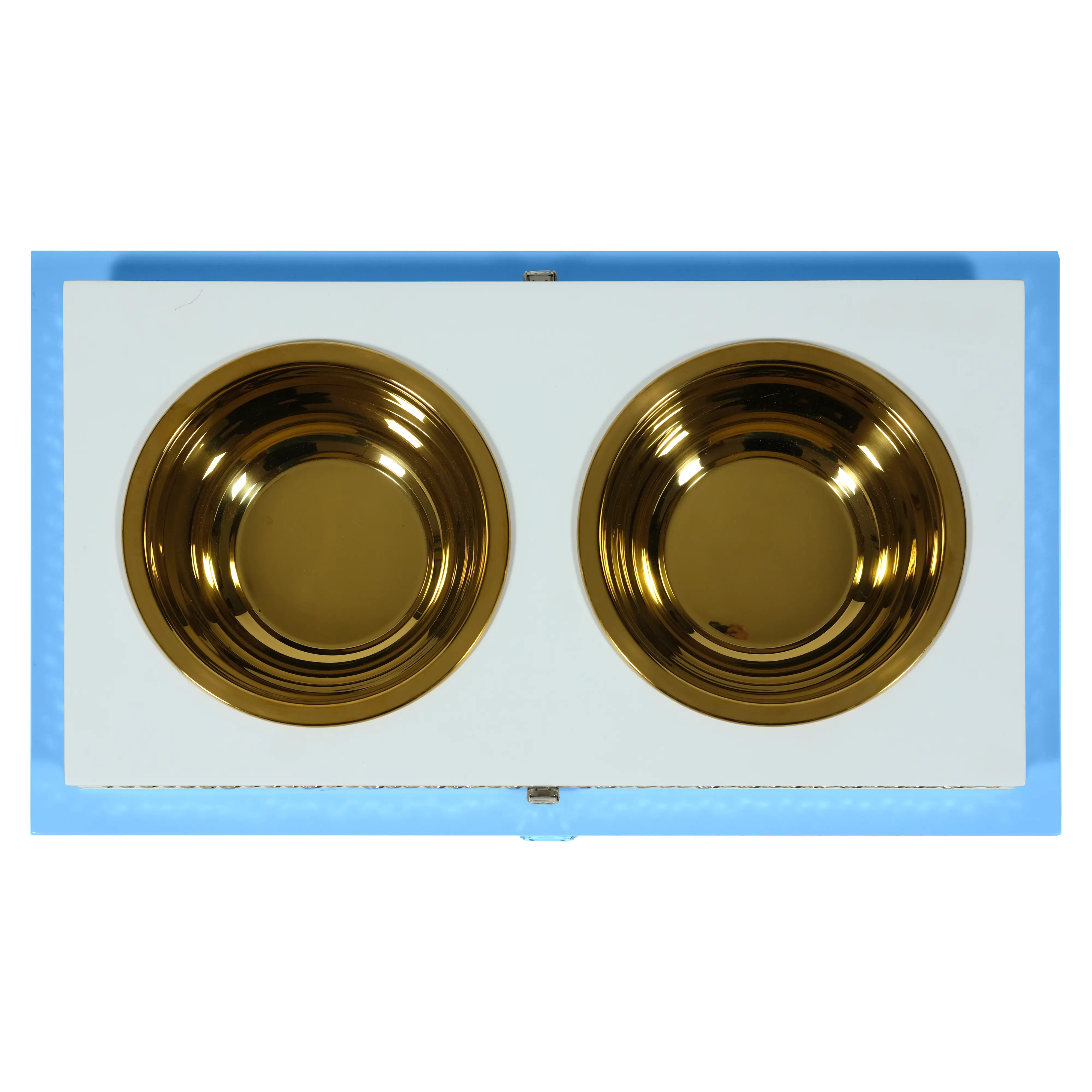 "Top view of the FUROAR Lucky Double Diner showcasing removable gold stainless steel bowls and a protective dual-layer system."