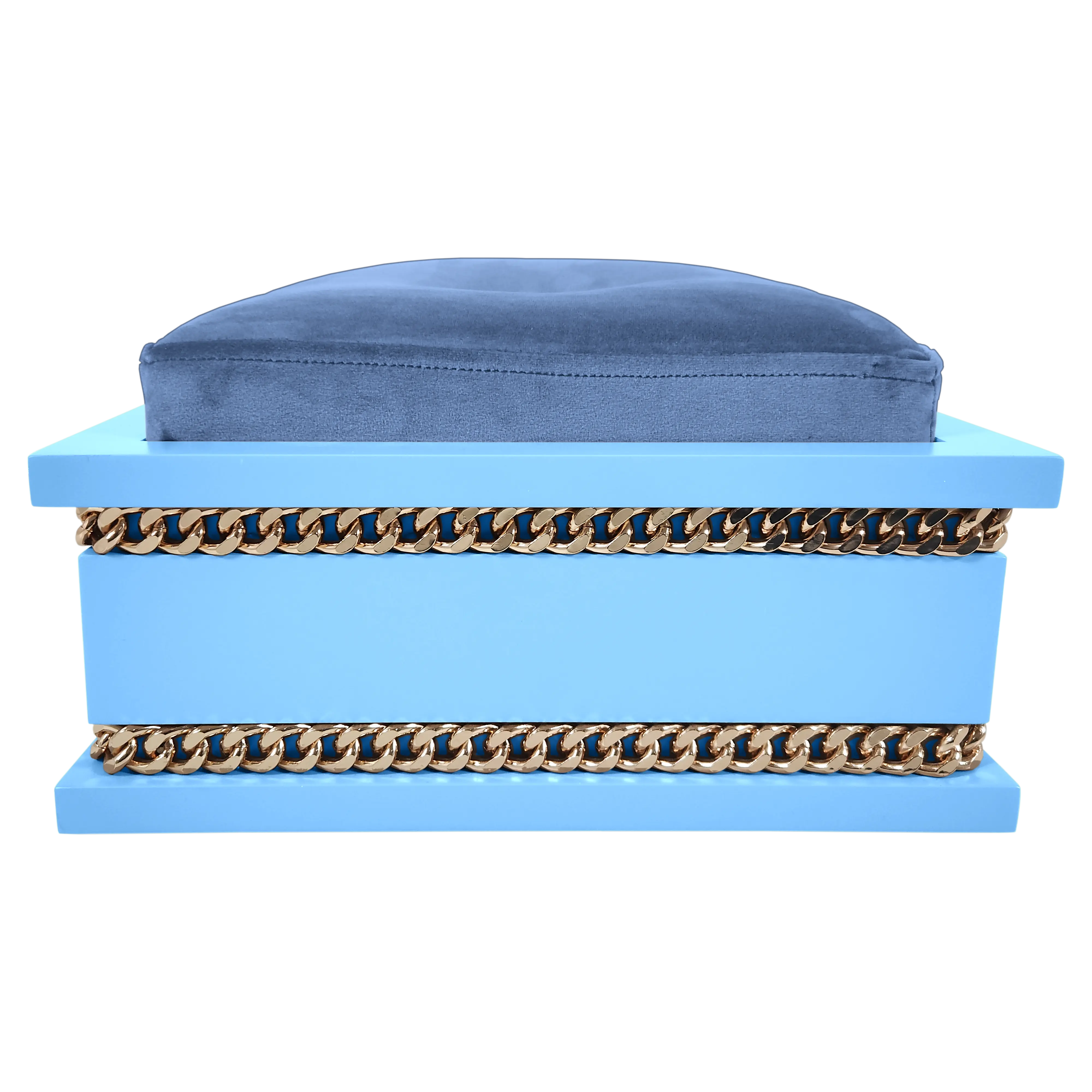 Back view of FUROAR Maison Small designer pet bed highlighting the gold chain detailing