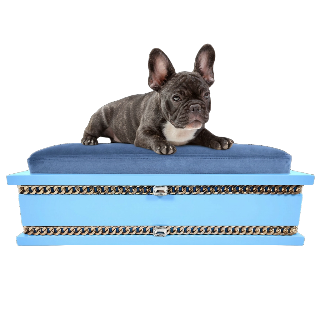 FUROAR Maison Small luxury designer pet bed for kittens and puppies with gold jewelry accessories.