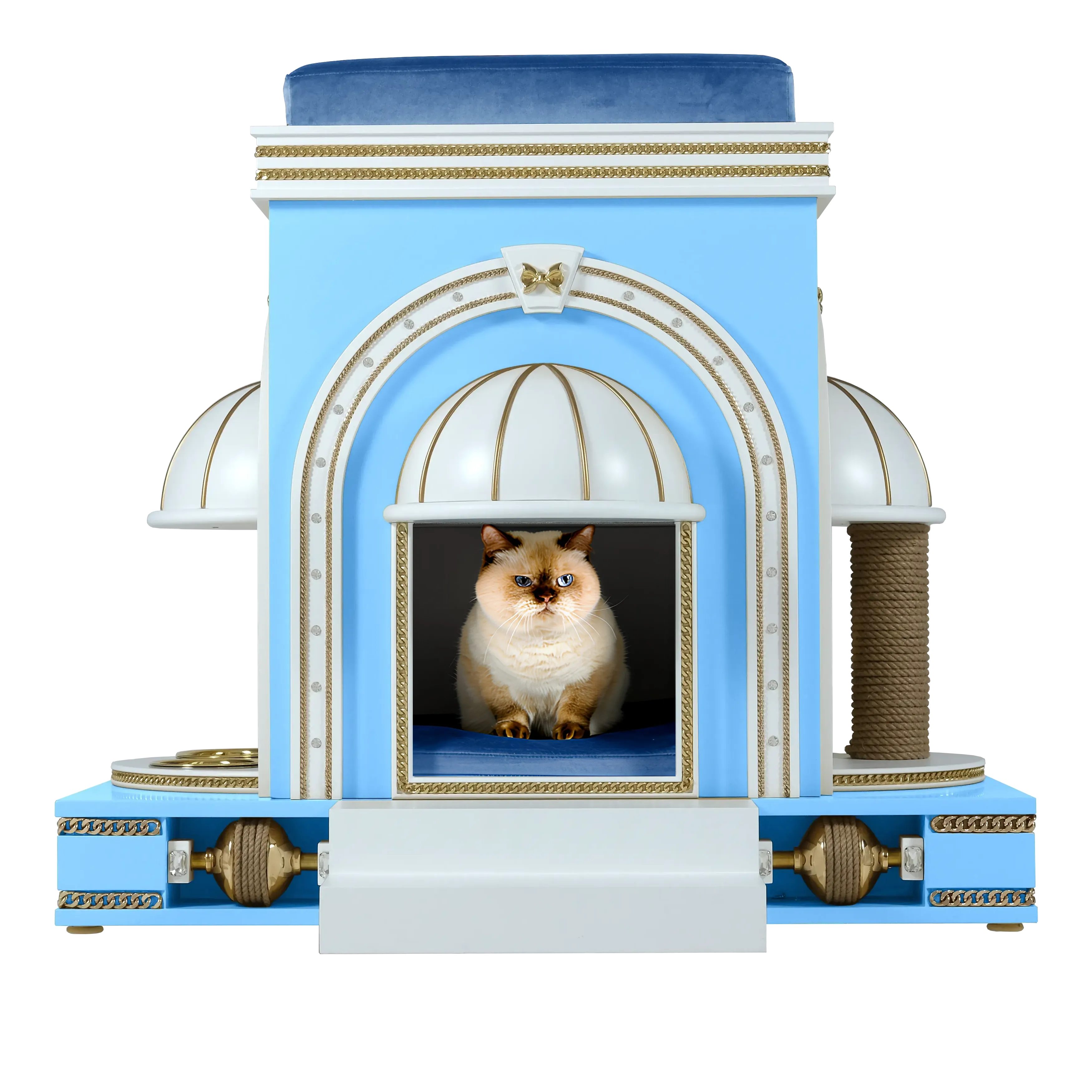 "A noble cat resting inside the MALMAISON designer cat house, a royal sanctuary blending refined modern elegance with an elite architectural silhouette."