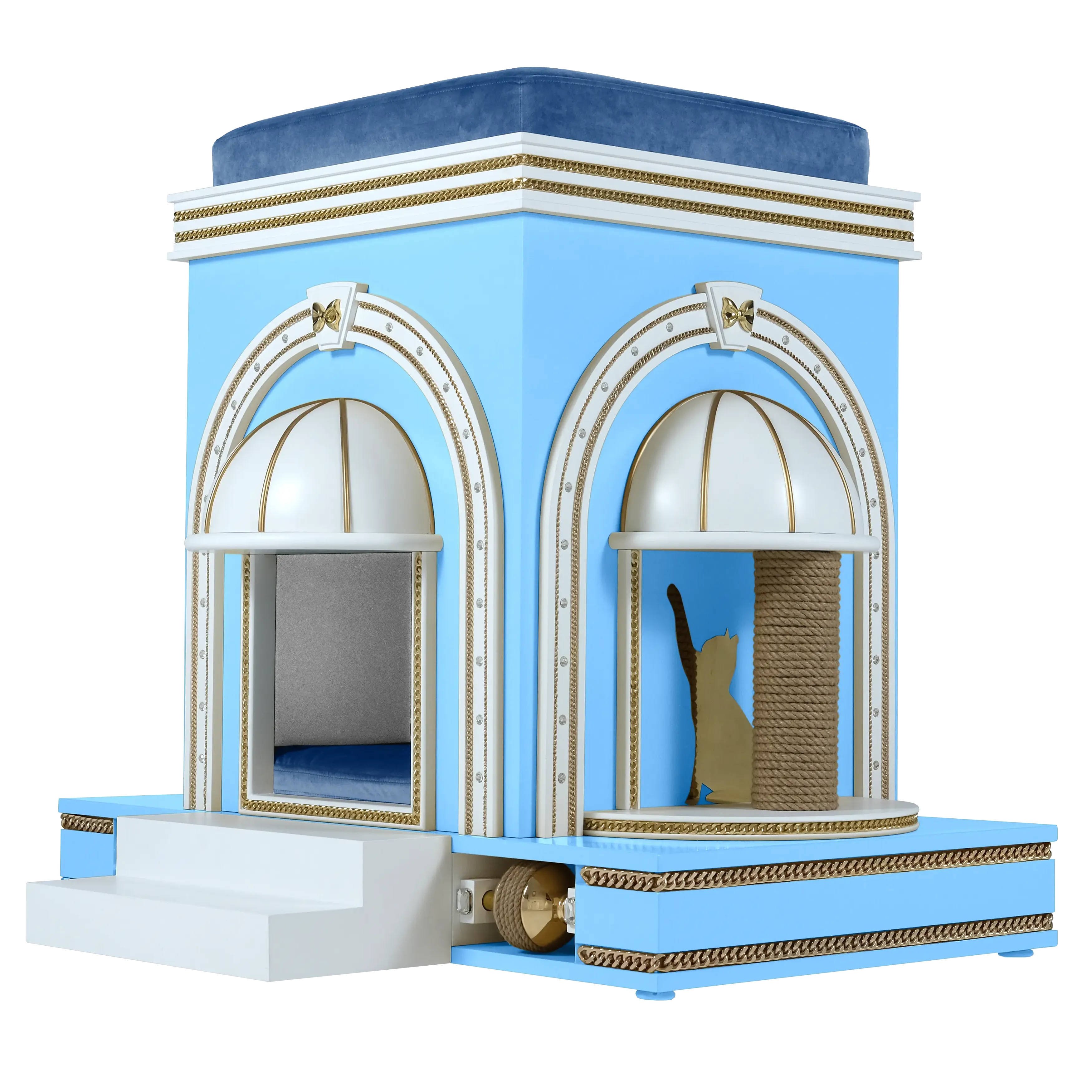 "Side profile of the MALMAISON modern designer cat house, highlighting the tamed structural lines and ultra-modern luxury furniture aesthetic."