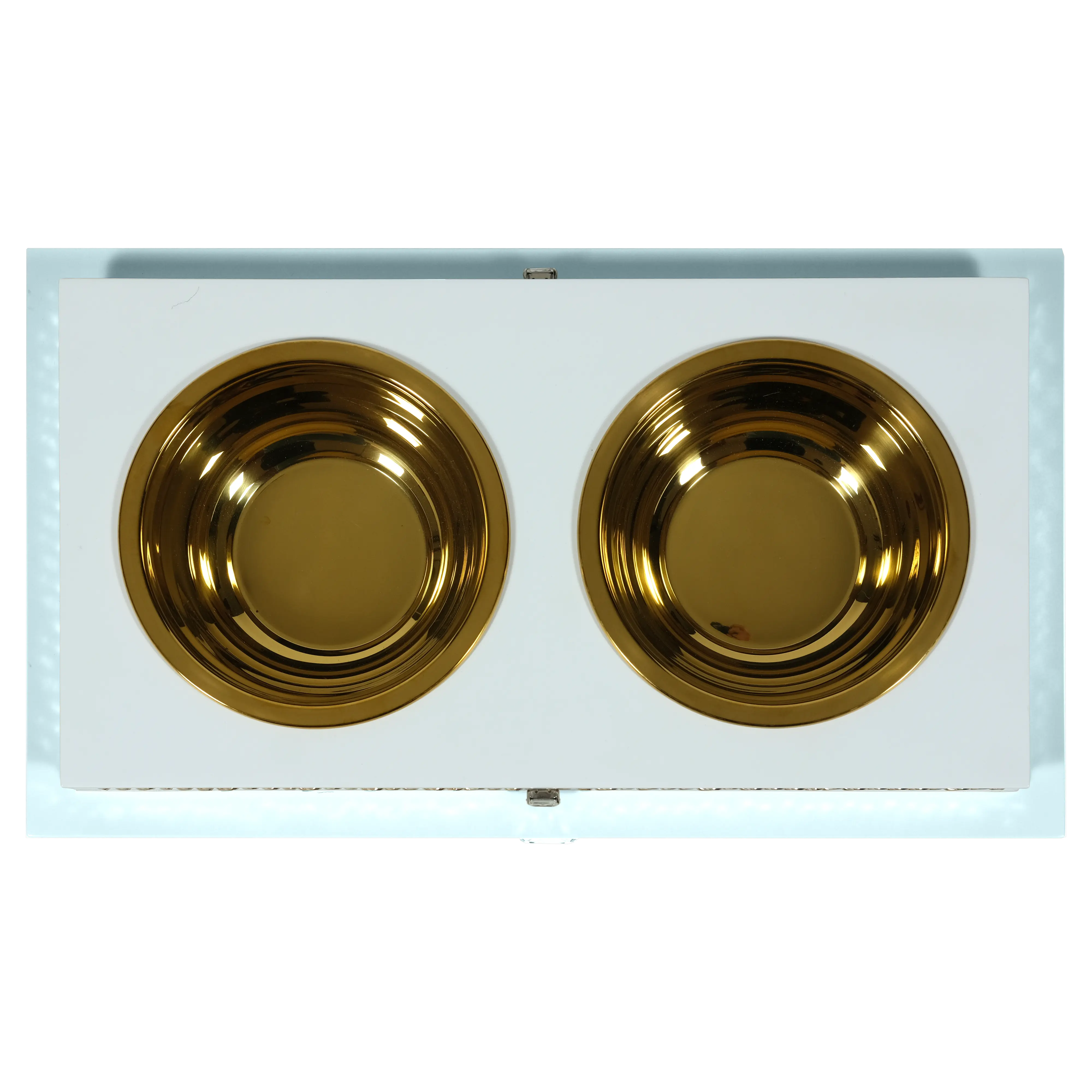 "Top view of the FUROAR Milo Double Diner showcasing removable gold stainless steel bowls and a protective dual-layer system."