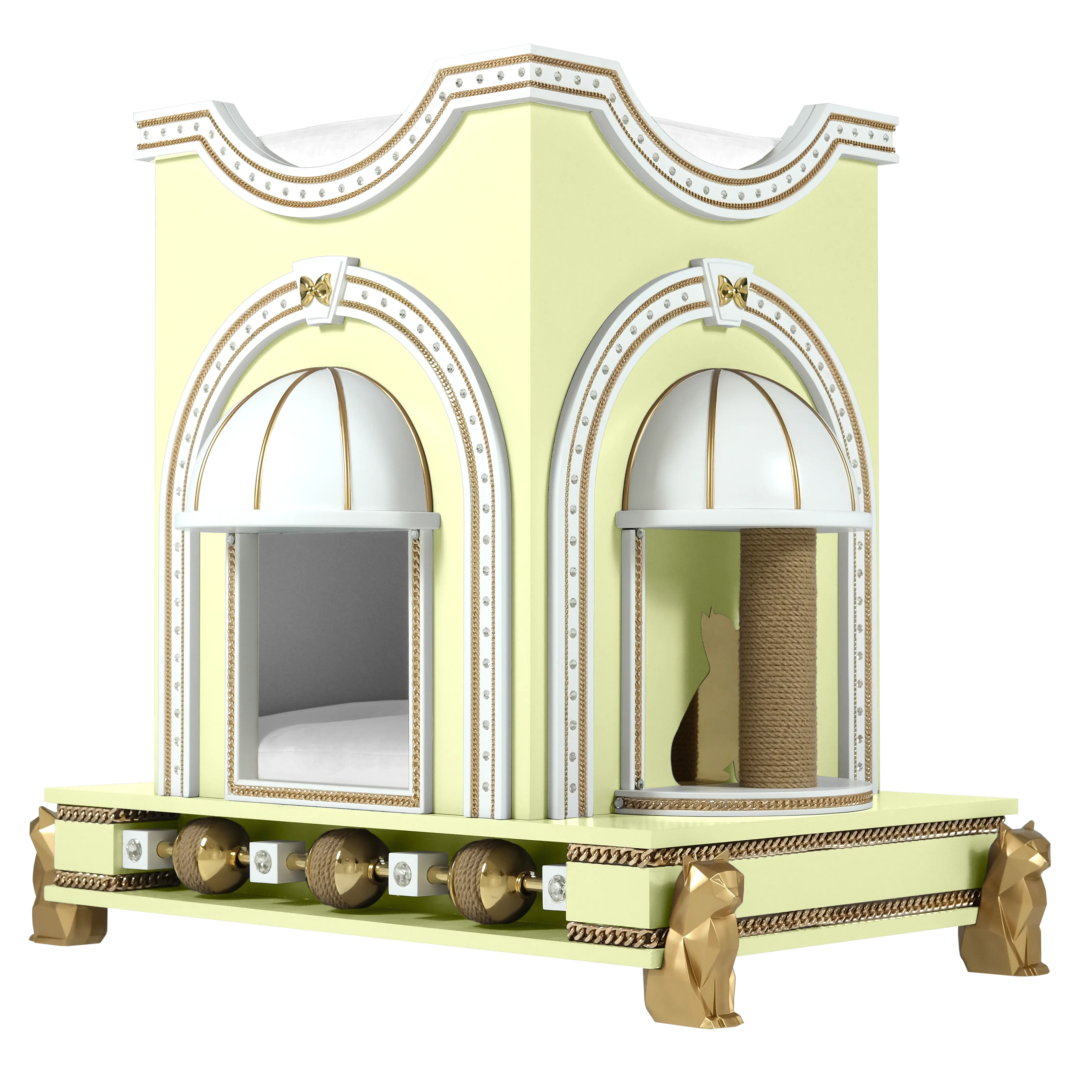 "Detail of the MIMI SOLEIL gold rotating spheres and premium velvet cushion, showcasing the exotic designer touch of this unique cat house."