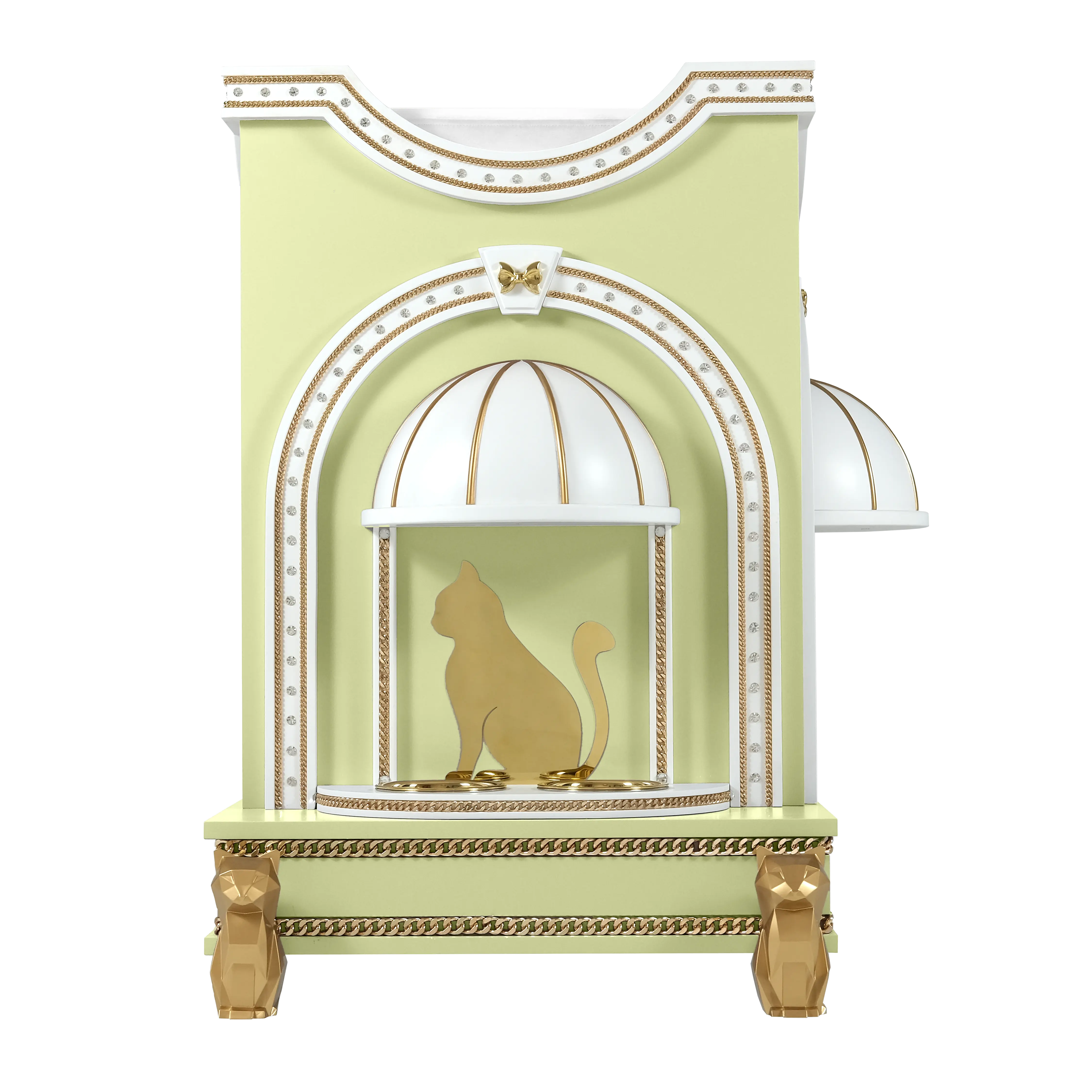 "The MIMI SOLEIL cat house featuring an integrated feeding station, blending functional luxury into a bespoke architectural sanctuary."
