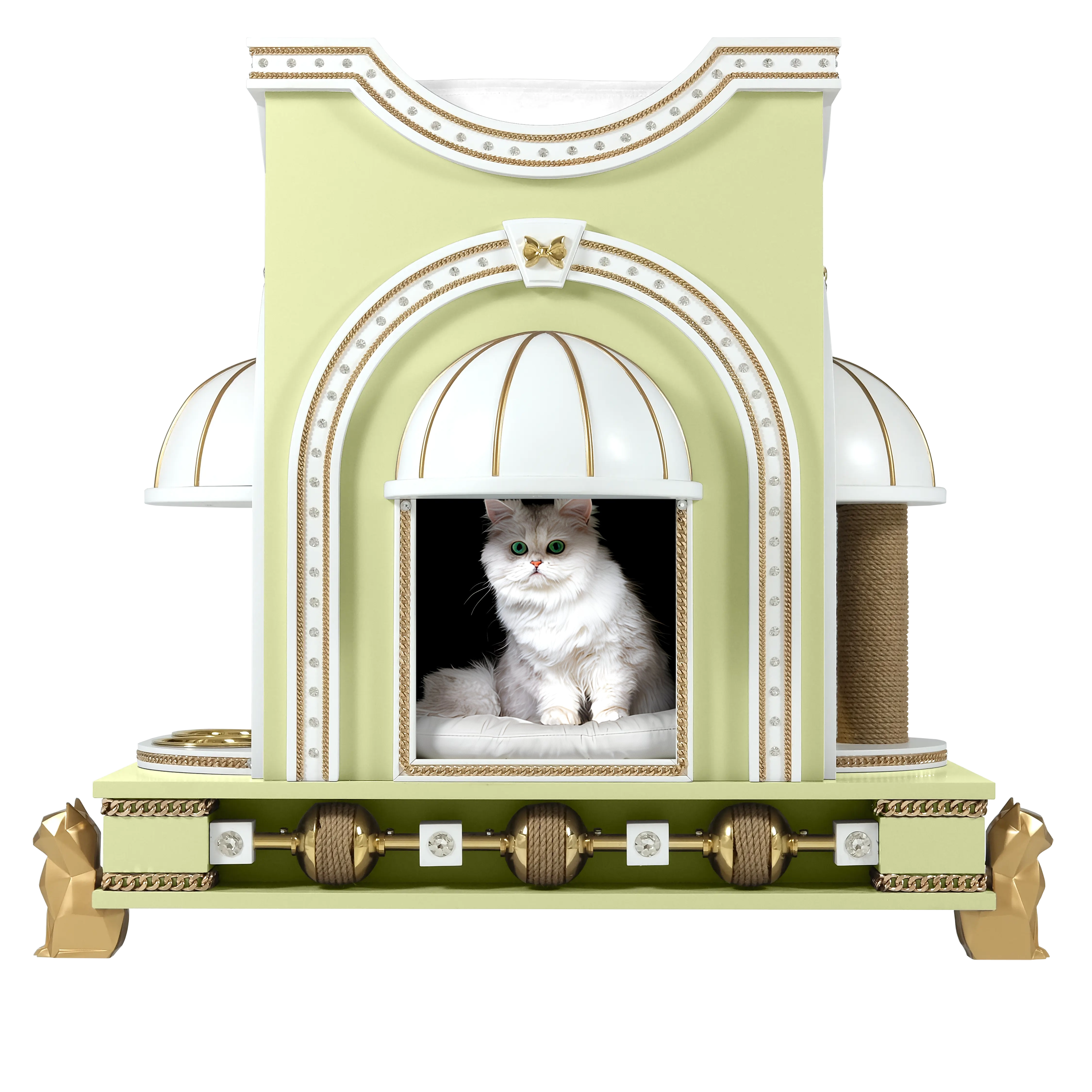 "A noble cat resting inside the MIMI SOLEIL luxury cat house, a royal designer sanctuary blending refined modern elegance with a radiant architectural silhouette."
