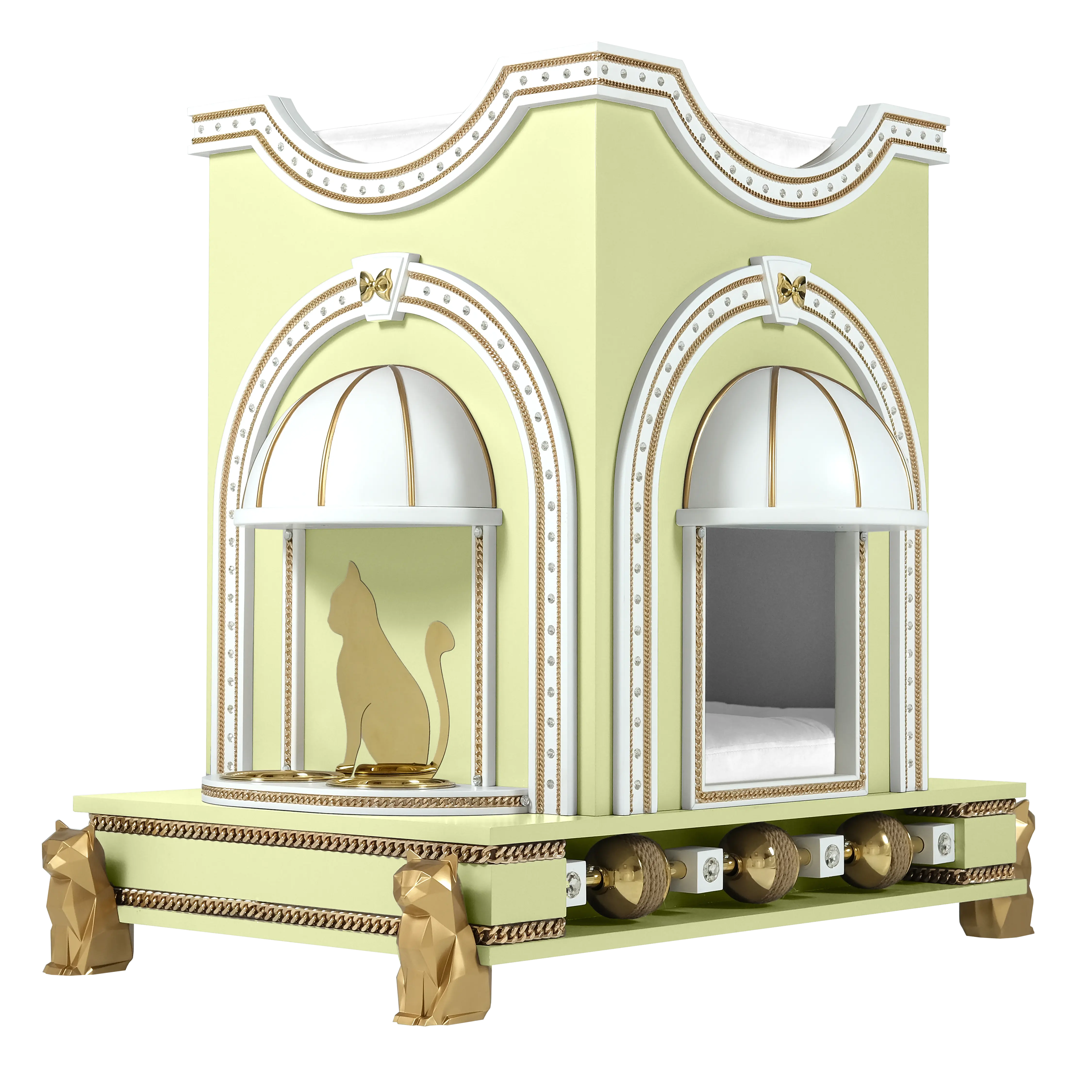 "Side profile of MIMI SOLEIL aesthetic pet furniture, highlighting the tamed structural lines and ultra-modern luxury aesthetic."