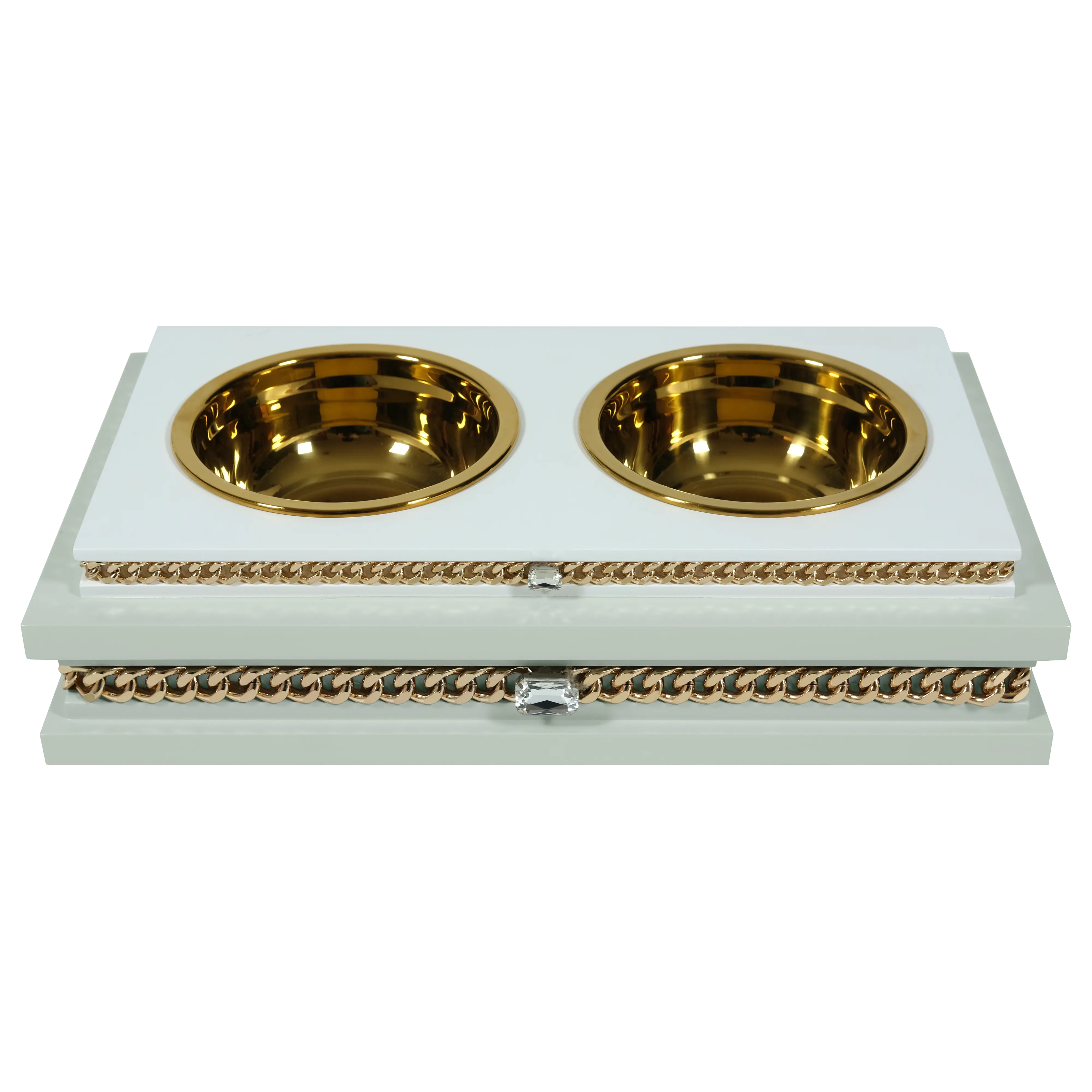 "Modern fashion FUROAR Minsky Double Diner, a luxury jewelry-grade pet food dining station with gold stainless steel bowls."
