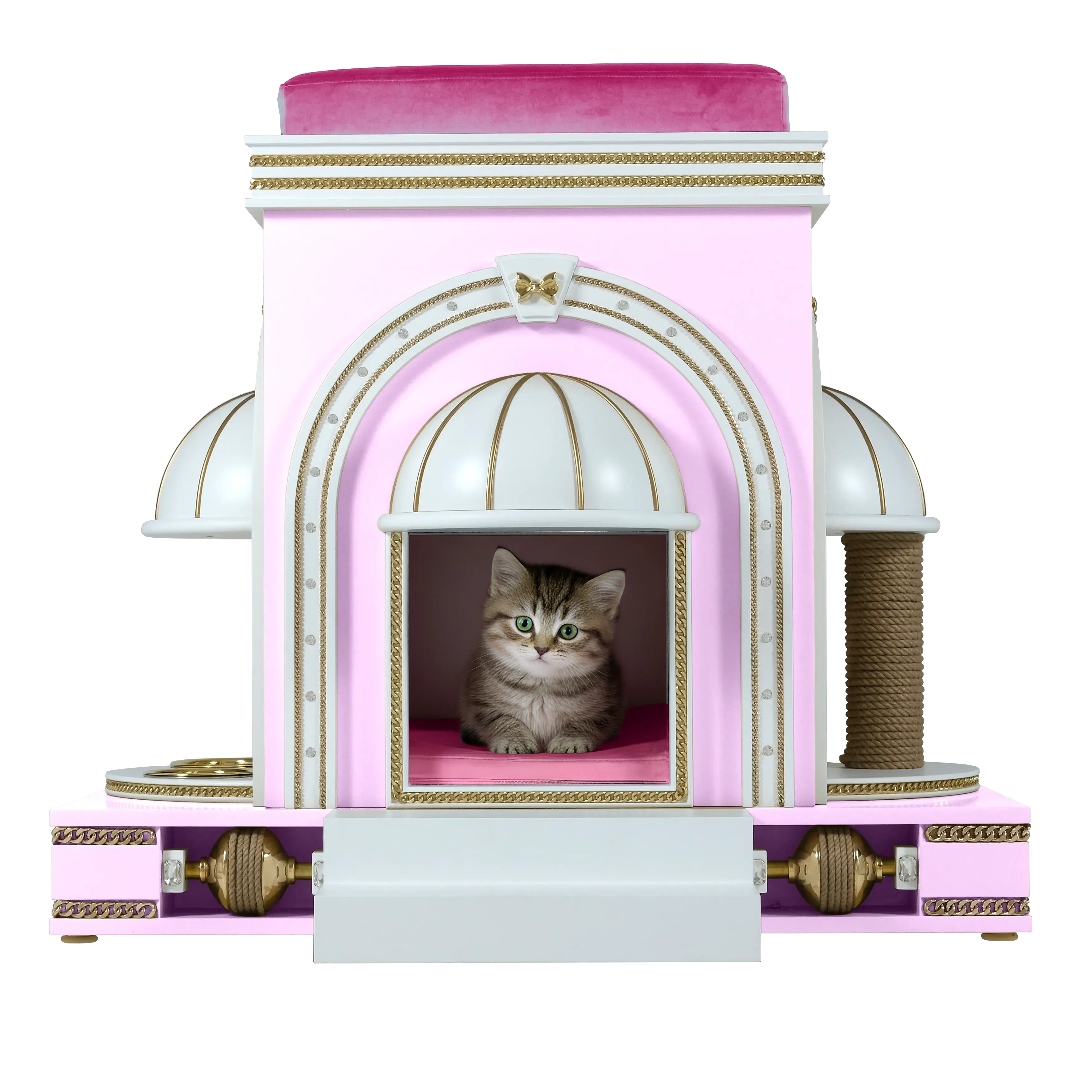 "A noble cat resting inside the MUFFIN CAKES luxury cat house, a royal designer sanctuary blending refined modern elegance with a boutique architectural silhouette."