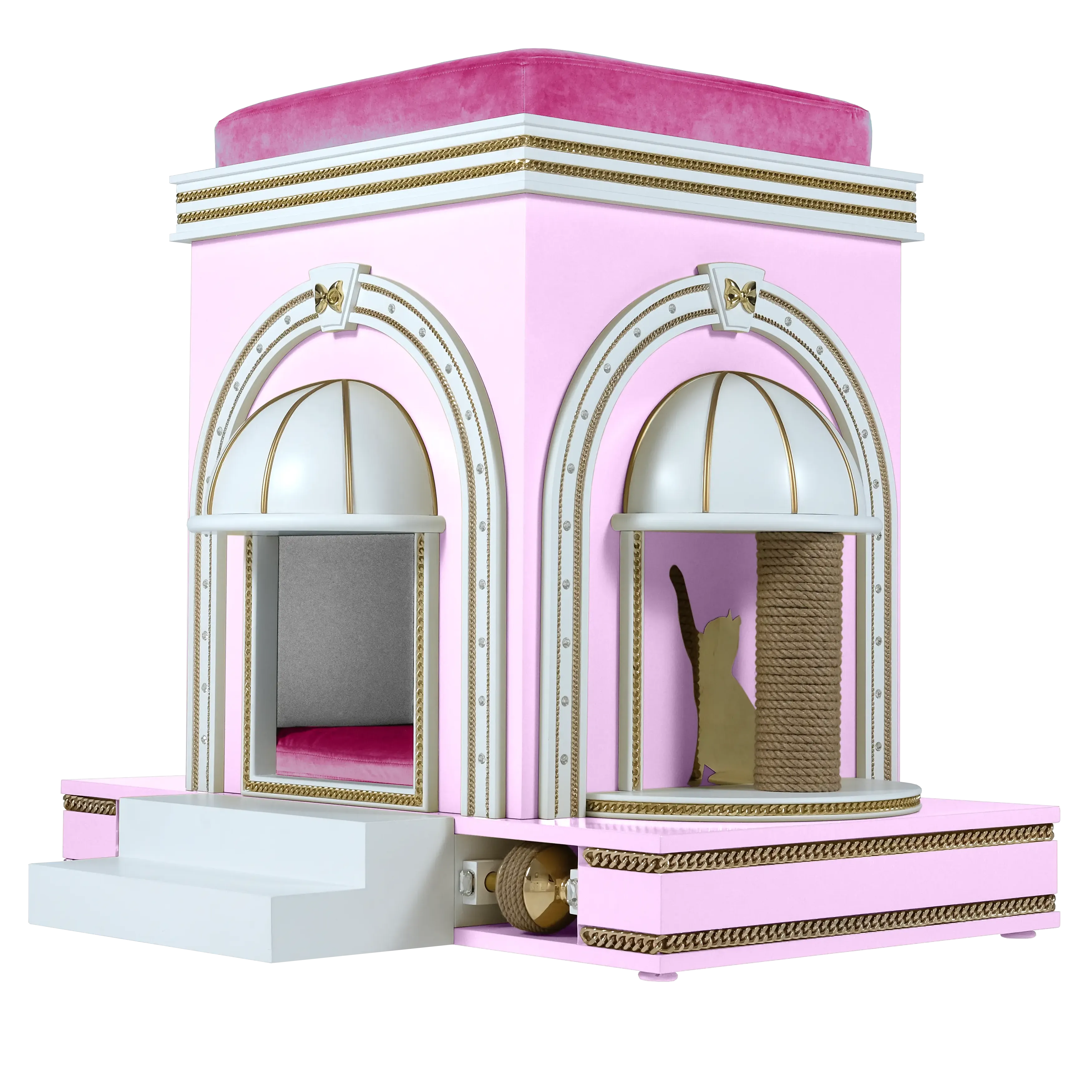 "Side profile of the MUFFIN CAKES modern couture cat house, highlighting the tamed structural lines and ultra-modern luxury aesthetic."