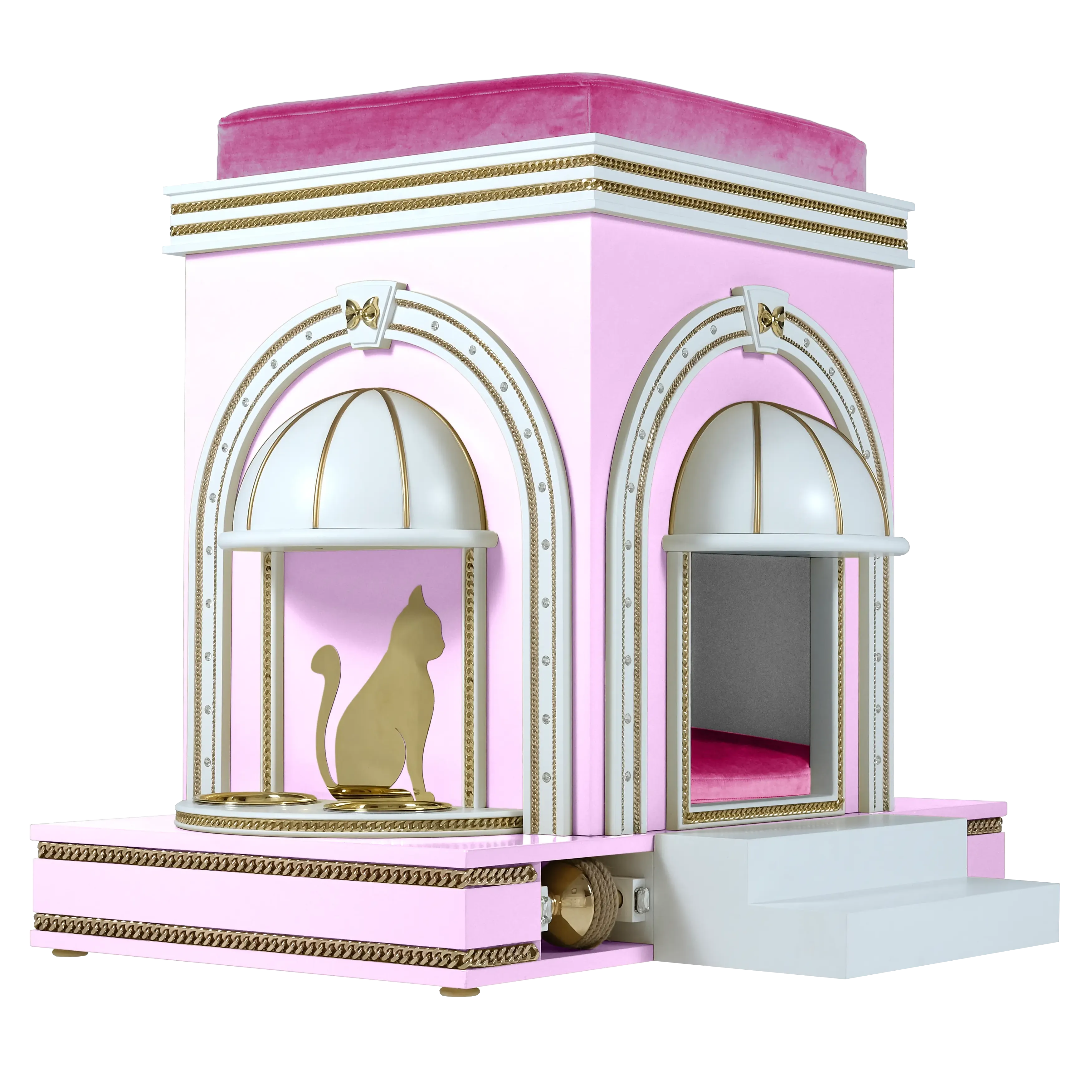 "Detail of the MUFFIN CAKES gold rotating spheres and premium velvet cushion, showcasing the exotic designer touch of this unique cat house."