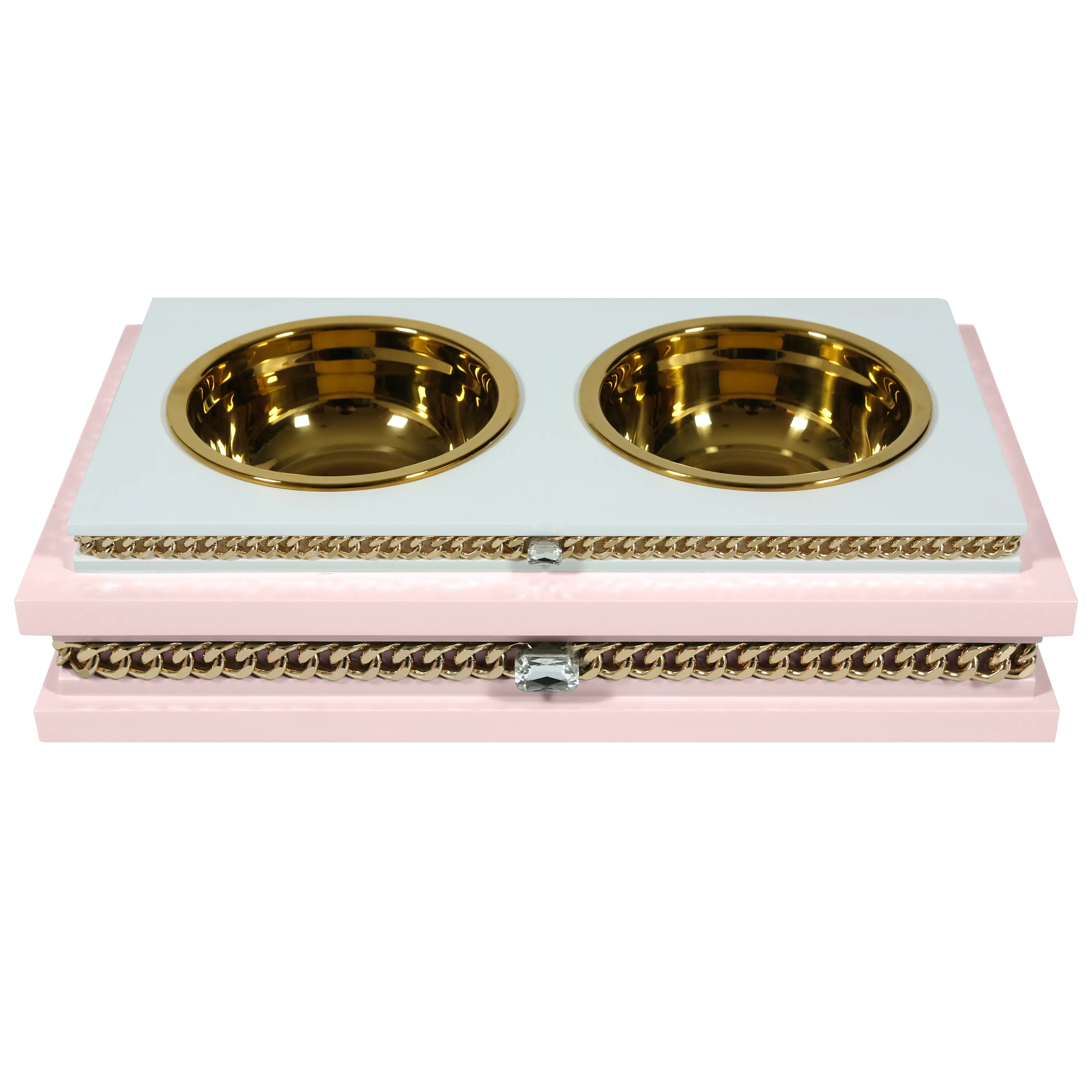 "Modern fashion FUROAR Nene Double Diner, a luxury jewelry-grade pet food dining station with gold stainless steel bowls."