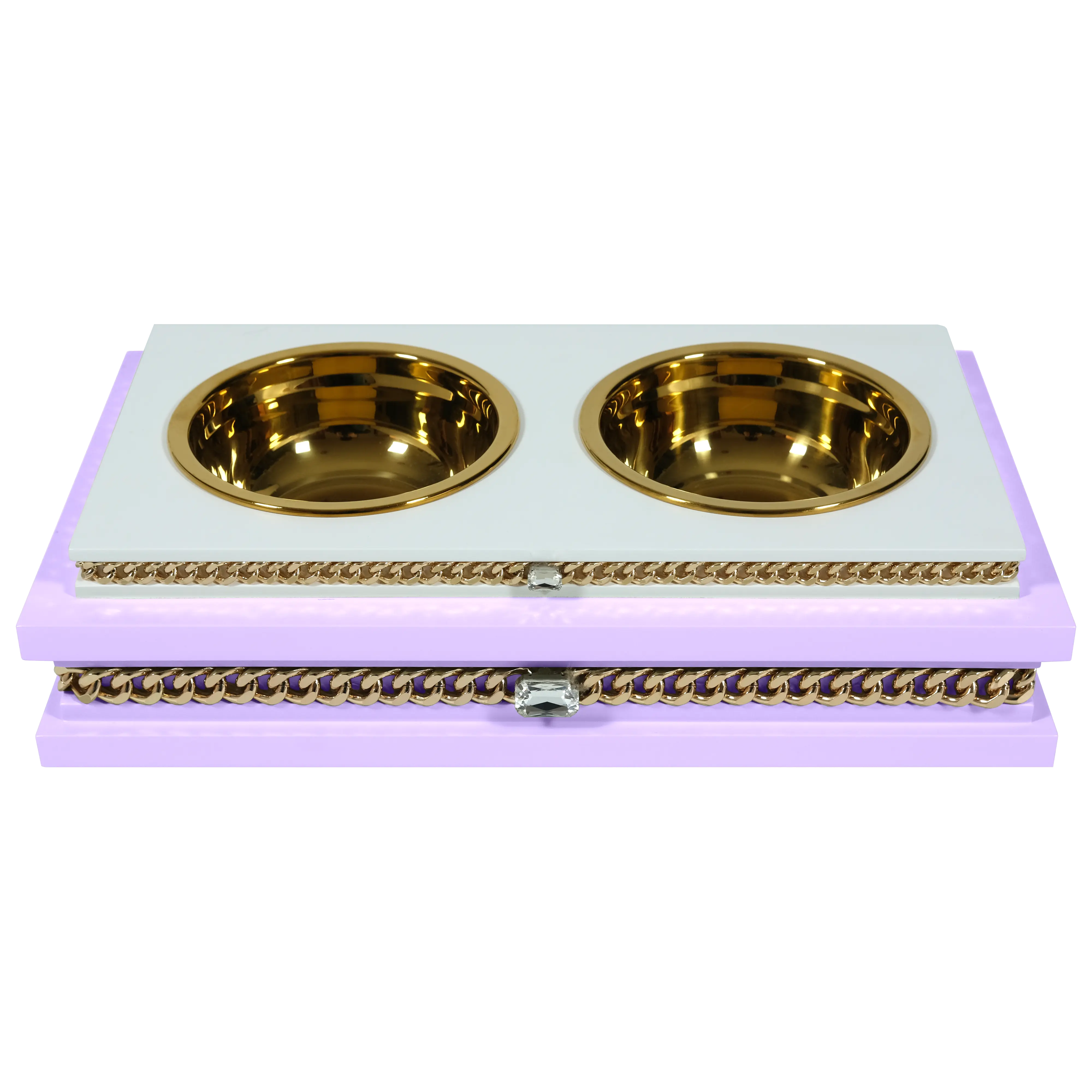 "Modern fashion FUROAR Pixie Double Diner, a luxury jewelry-grade pet food dining station with gold stainless steel bowls."