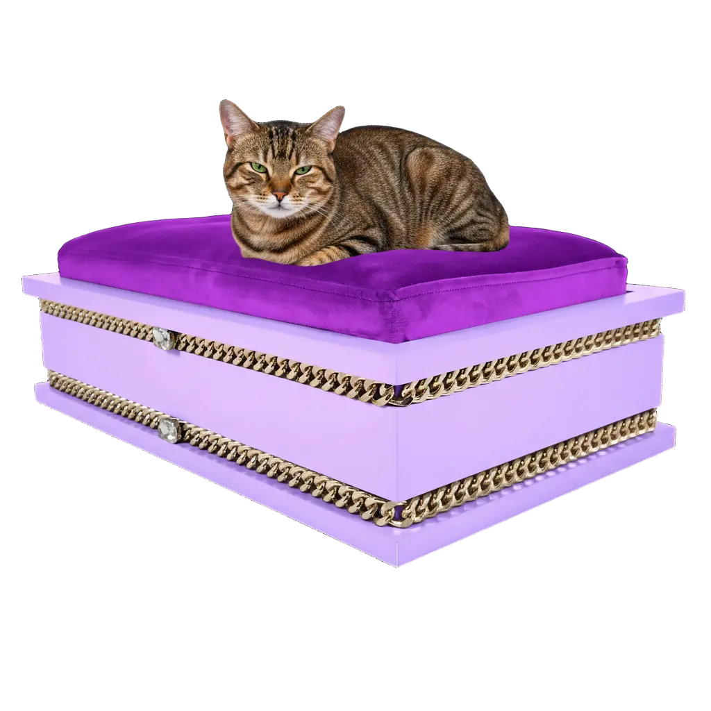 FUROAR Plum Medium luxury designer pet bed for cats and toy dogs with gold jewelry accessories.