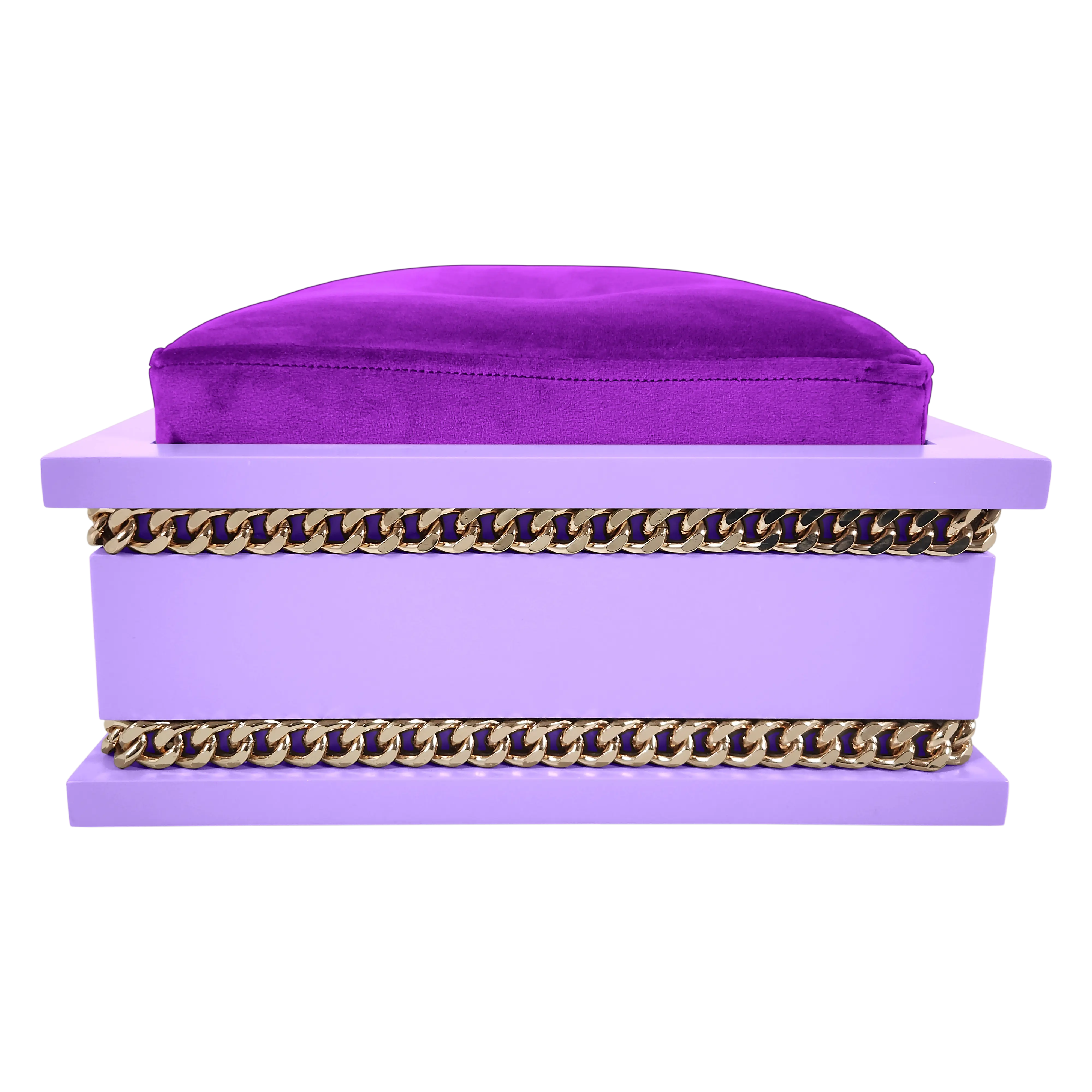 Back view of FUROAR Plum Small designer pet bed highlighting the gold chain detailing