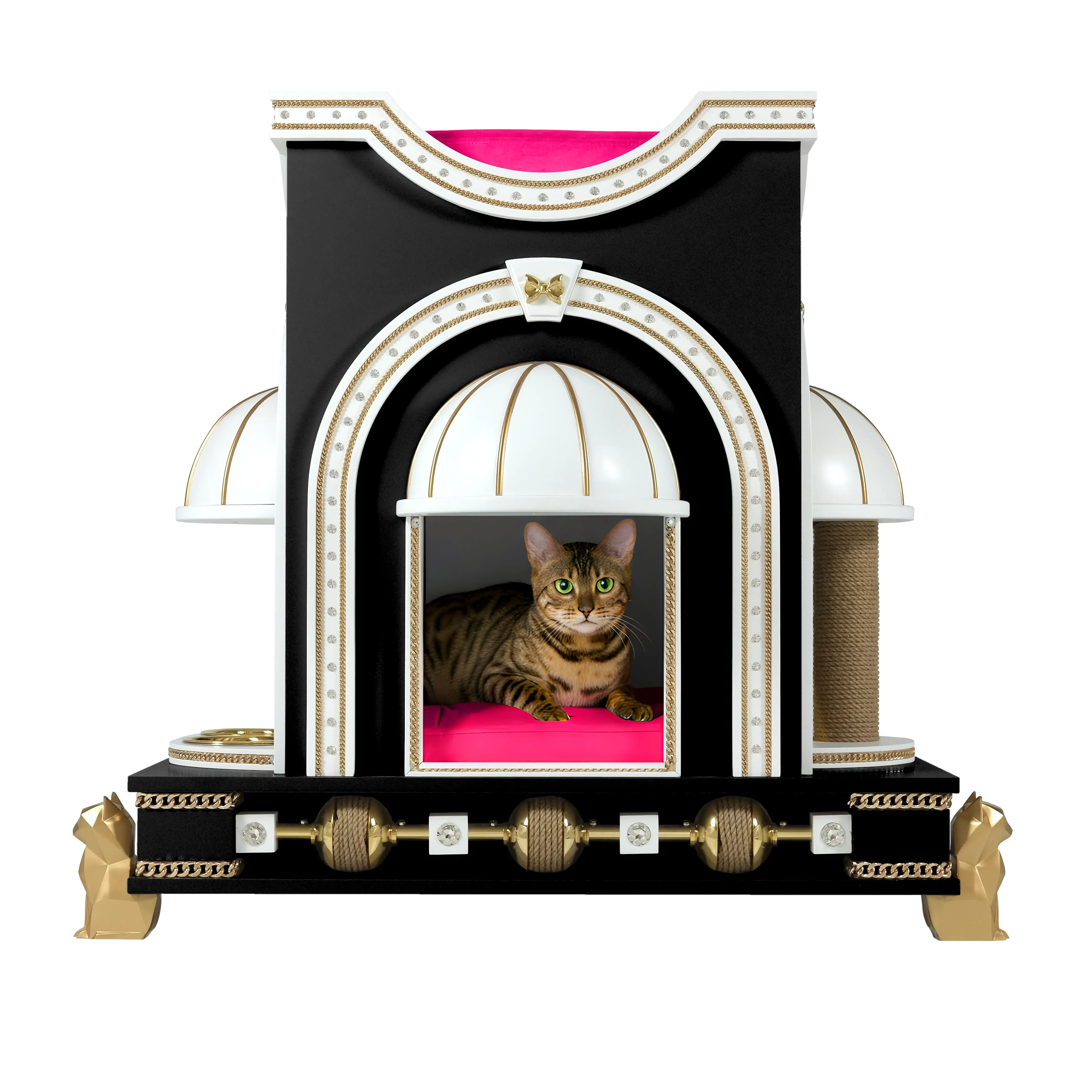 "A noble cat resting inside the POSHY luxury cat house, an ultra modern indoor sanctuary featuring refined modern elegance."
