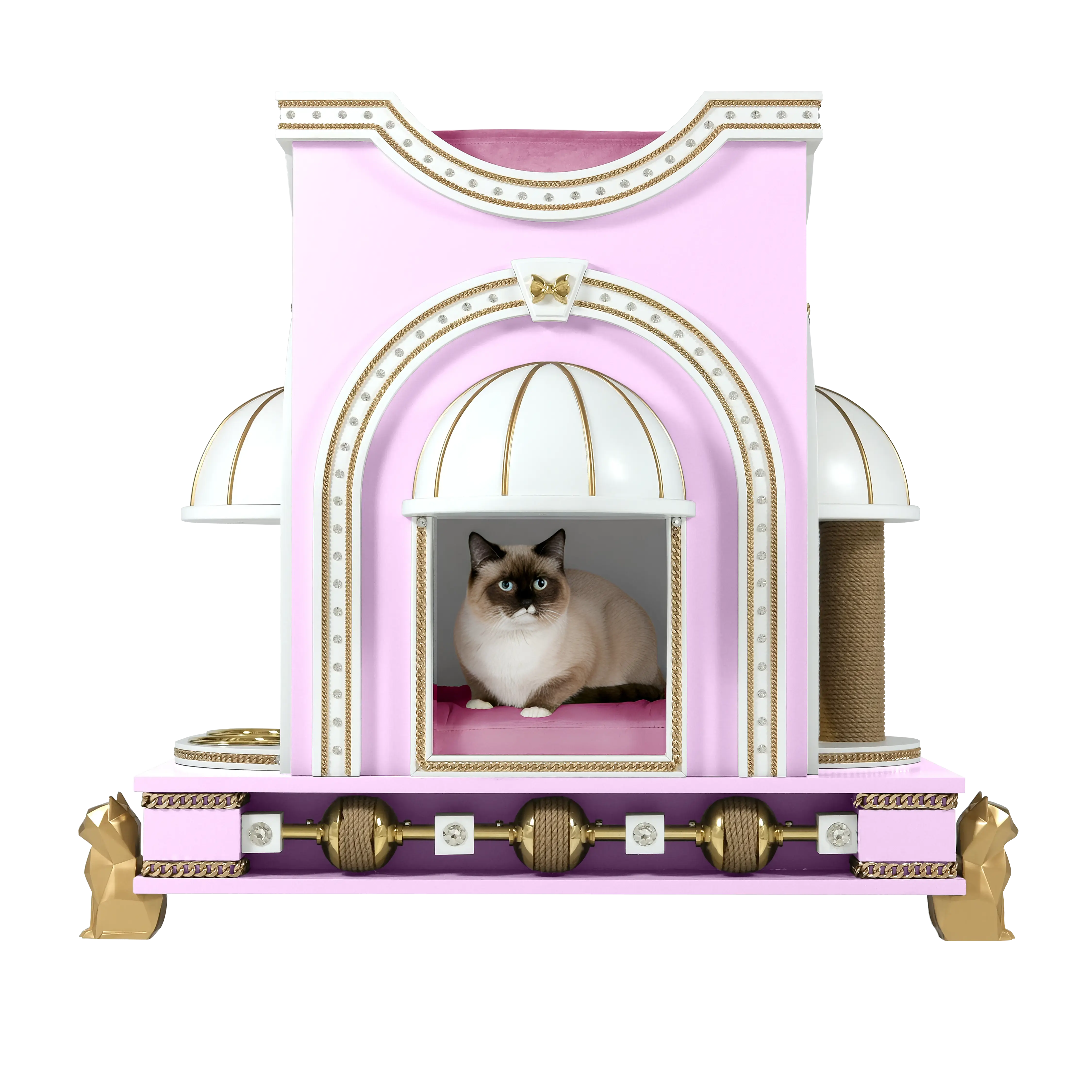 "A noble cat resting inside the PRECIOUS luxury cat house, a royal designer sanctuary blending refined modern elegance with feline comfort."