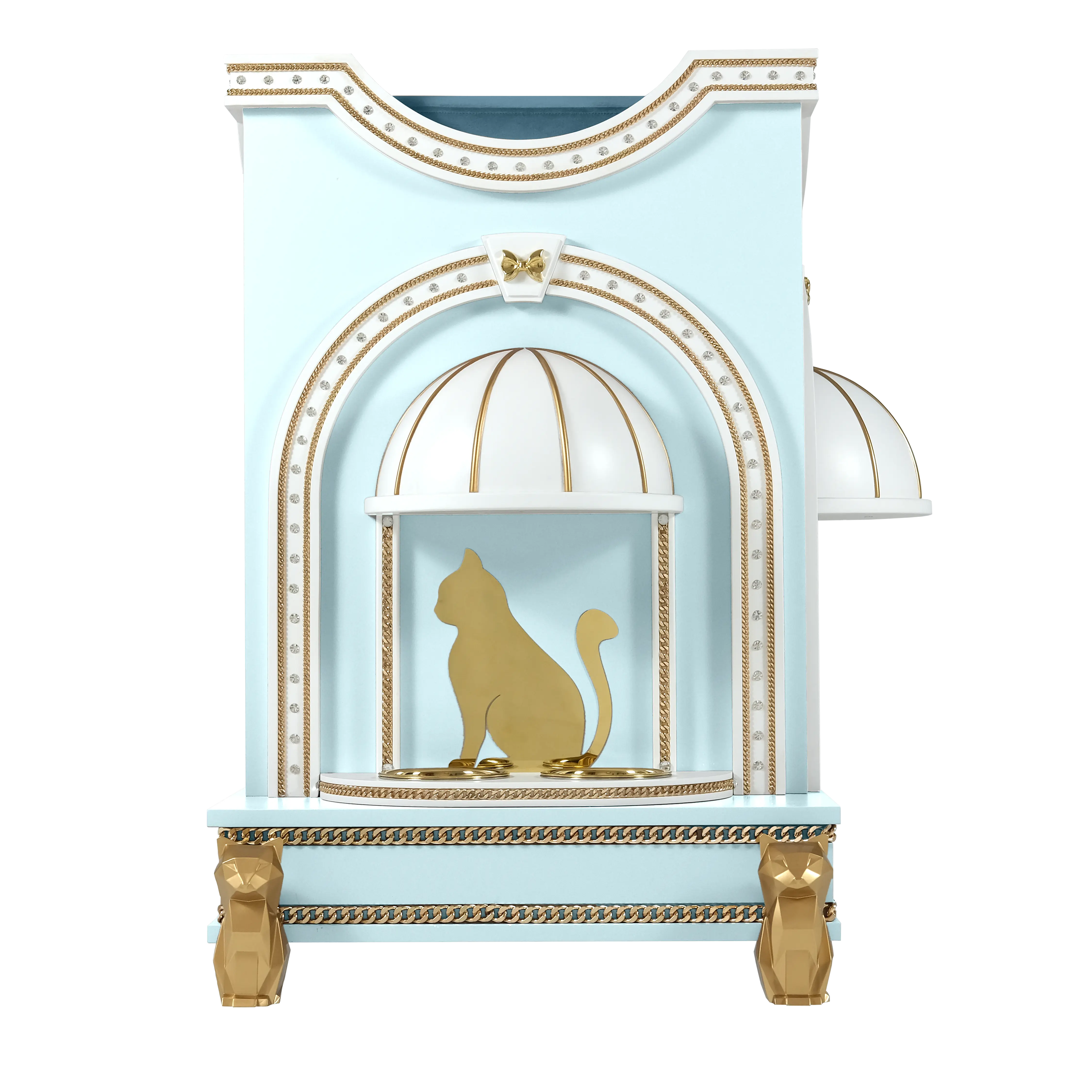 "The PRINCIE cat house featuring an integrated feeding station, blending functional luxury into a bespoke architectural sanctuary."
