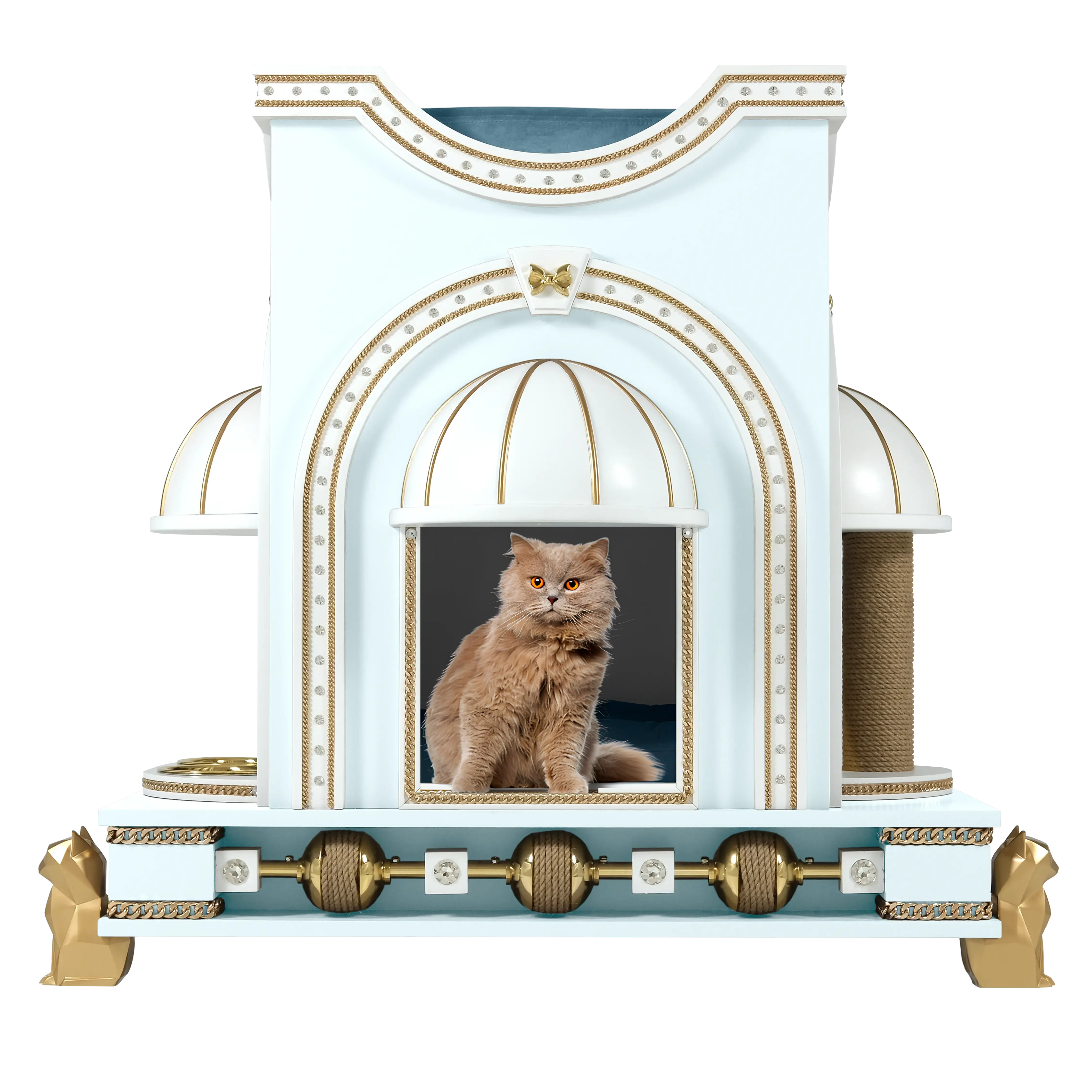 "A noble cat resting inside the PRINCIE royal luxury cat house, a bespoke designer sanctuary blending refined modern elegance with a regal architectural silhouette."