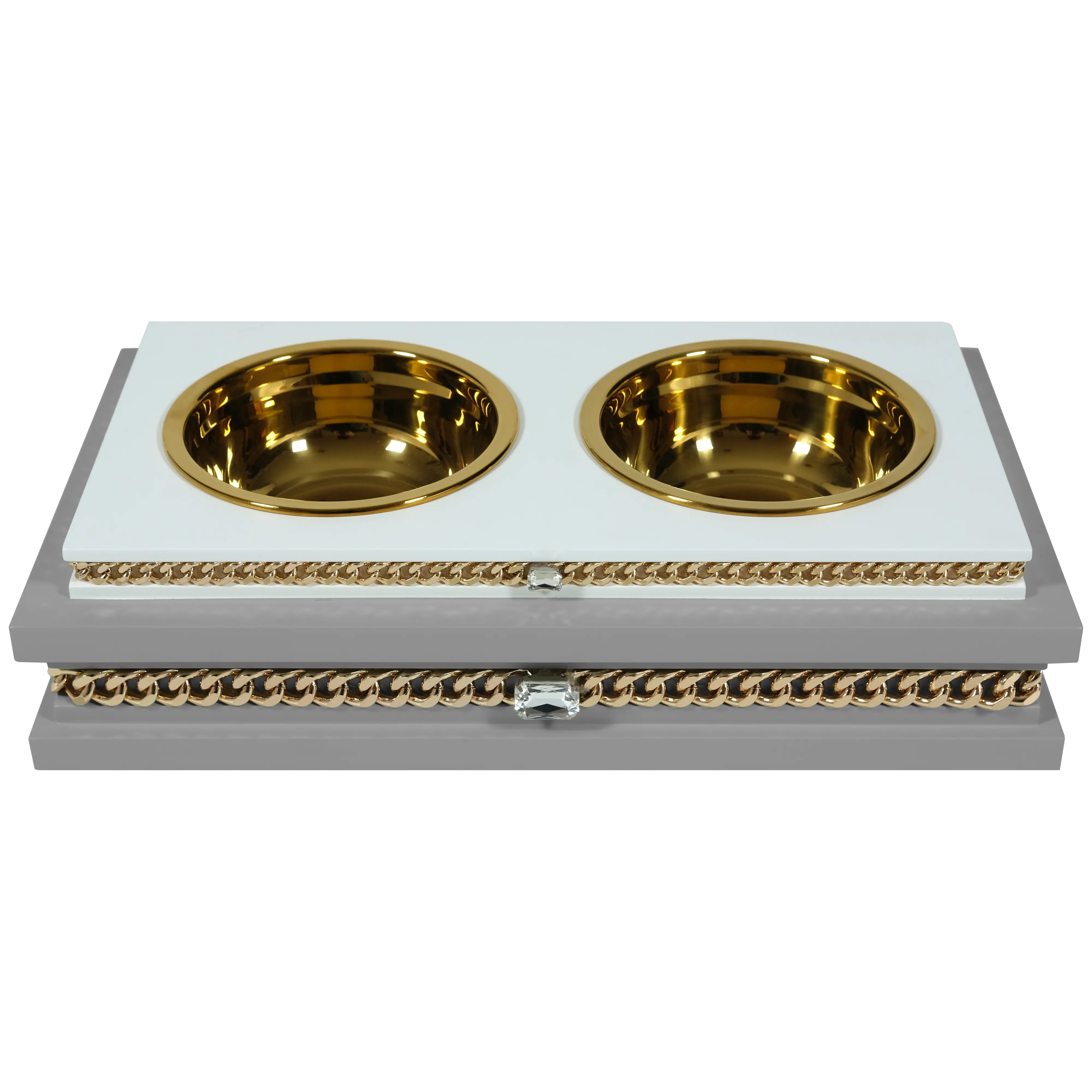 "Modern fashion FUROAR Princo Double Diner, a luxury jewelry-grade pet food dining station with gold stainless steel bowls."