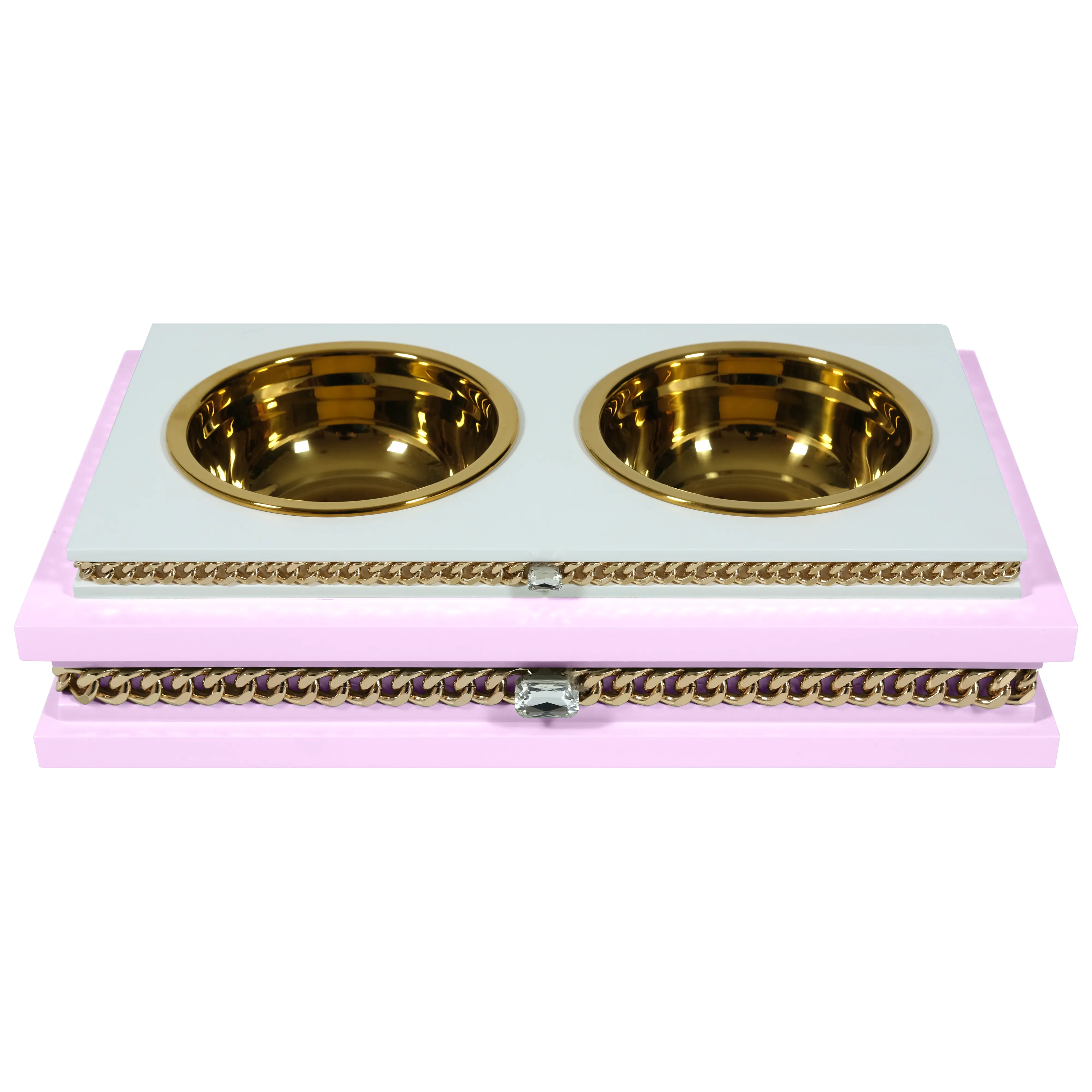 "Modern fashion FUROAR Prissy Double Diner, a luxury jewelry-grade pet food dining station with gold stainless steel bowls."