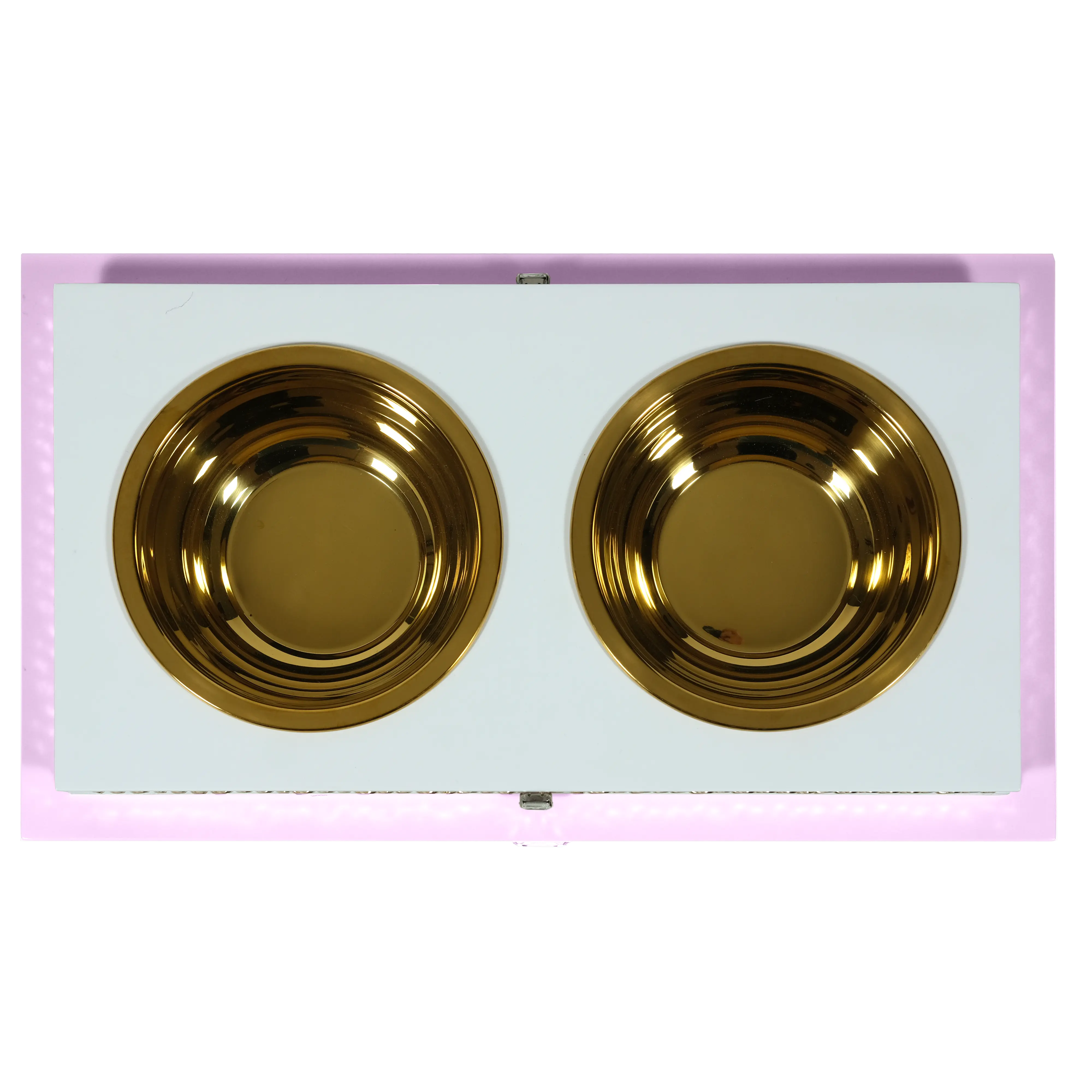 "Top view of the FUROAR Prissy Double Diner showcasing removable gold stainless steel bowls and a protective dual-layer system."