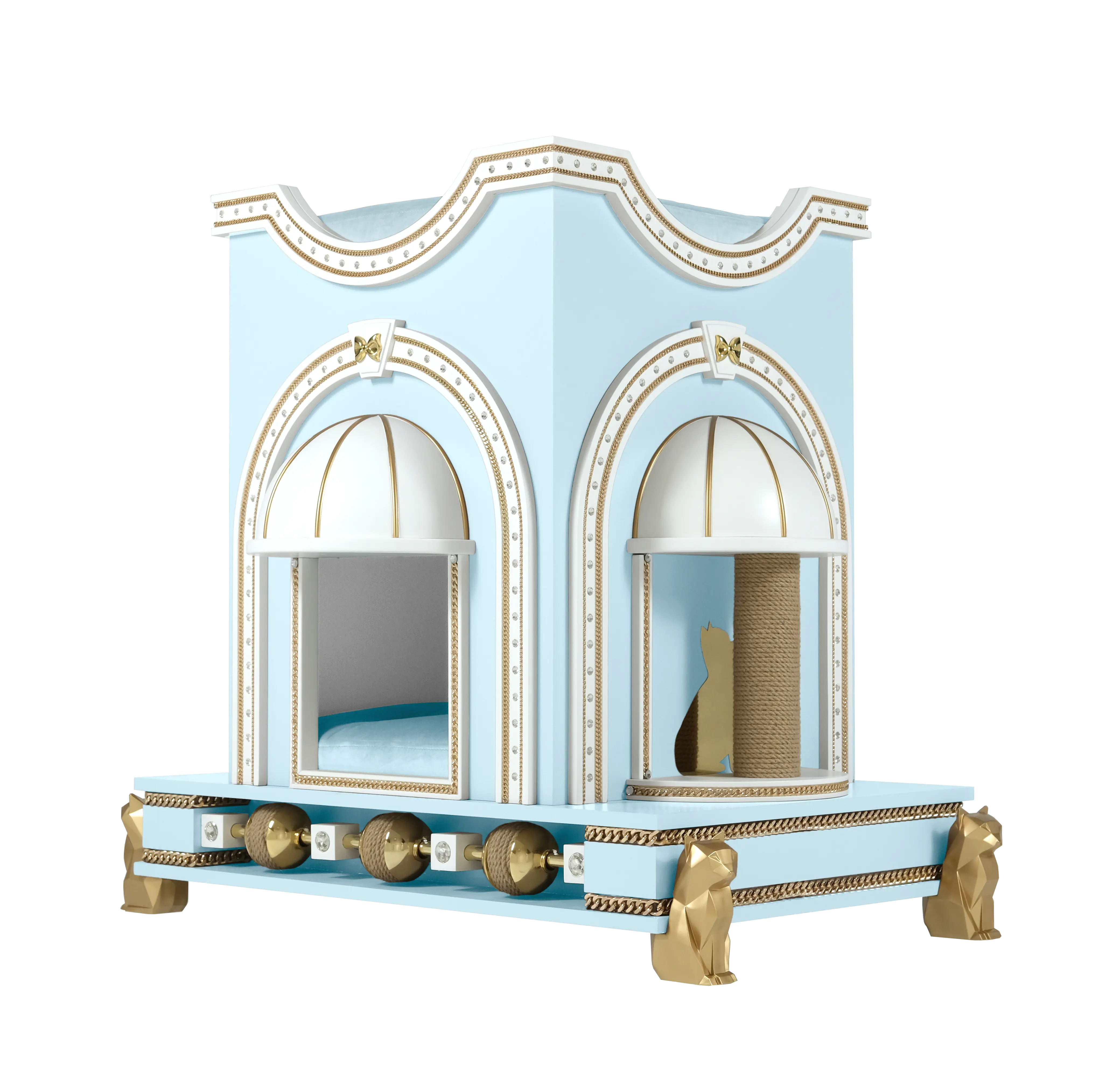 "Detail of the REGINA gold rotating spheres and premium velvet cushion, showcasing the exotic designer touch of this unique cat castle."