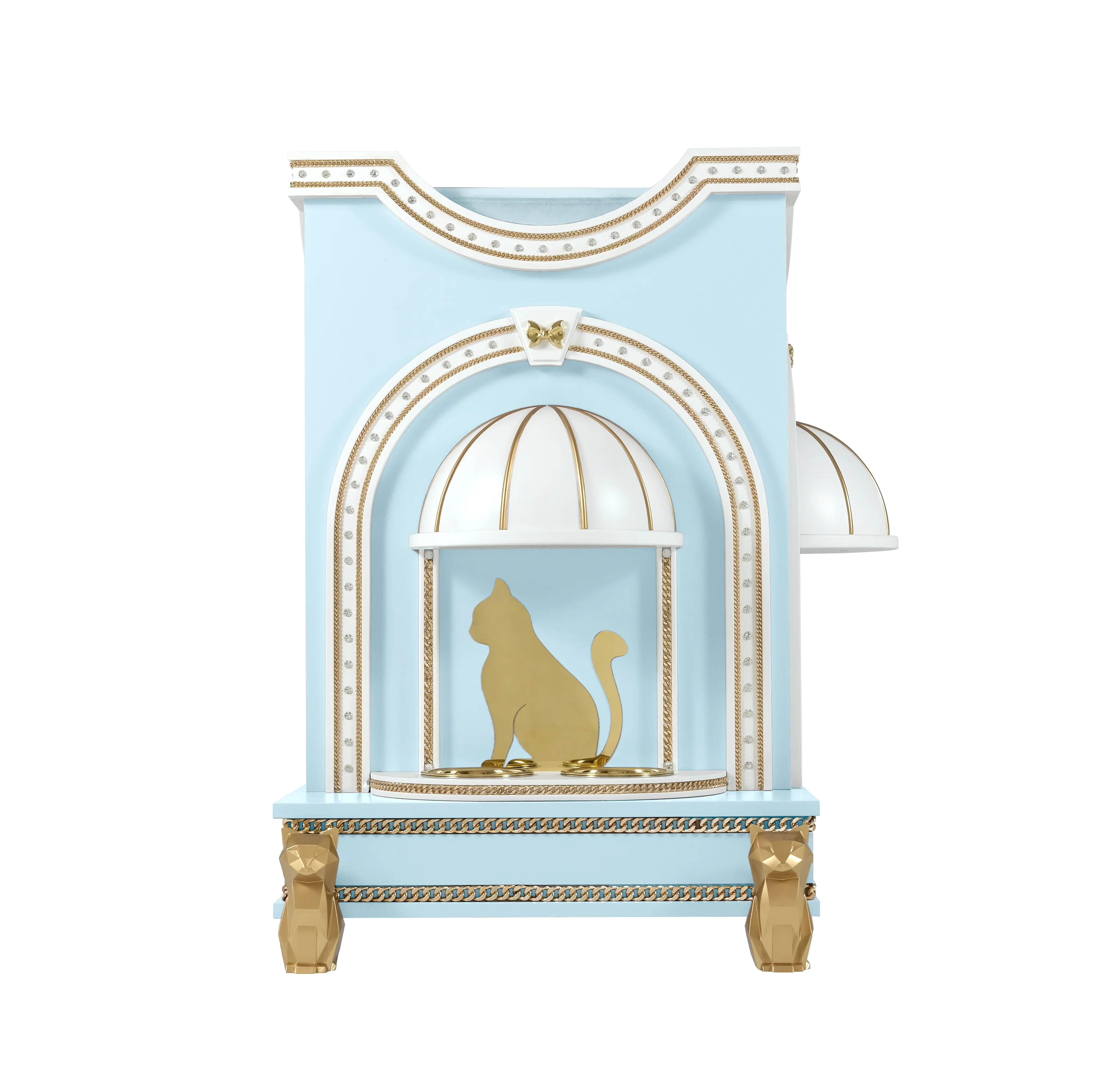 "The REGINA cat house featuring an integrated feeding station, blending functional luxury into a bespoke architectural sanctuary."