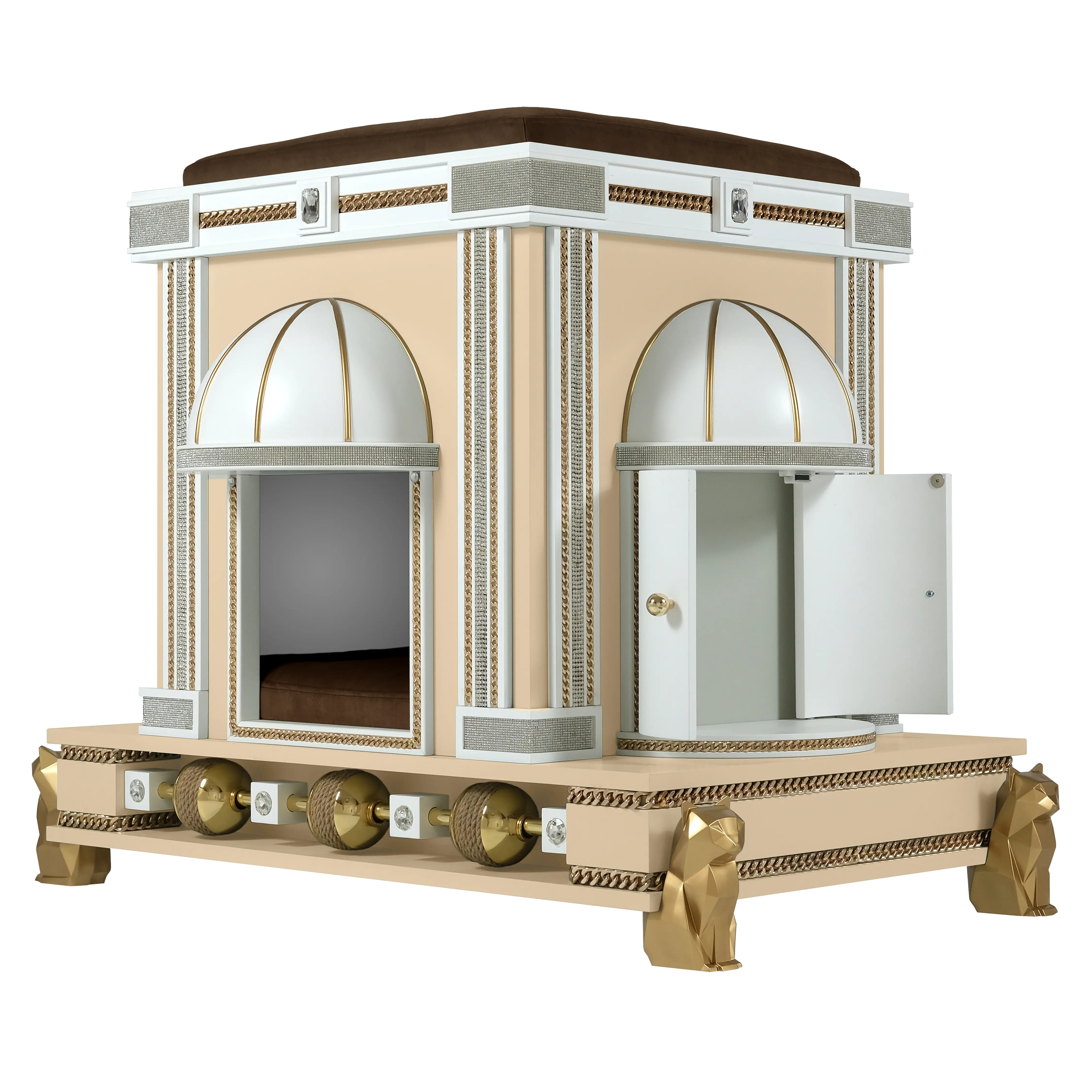 The Rockstar designer cat house, a luxury pet palace with gold accents, styled in a high-end modern home.
