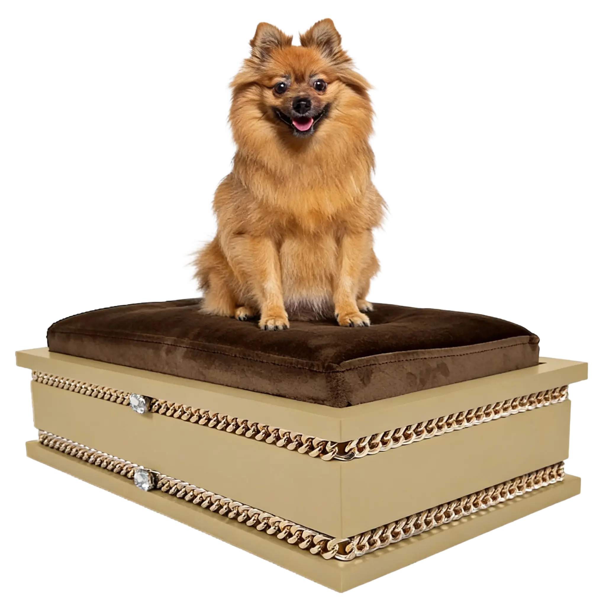 FUROAR Rocky Medium luxury designer pet bed for cats and toy dogs with gold jewelry accessories.