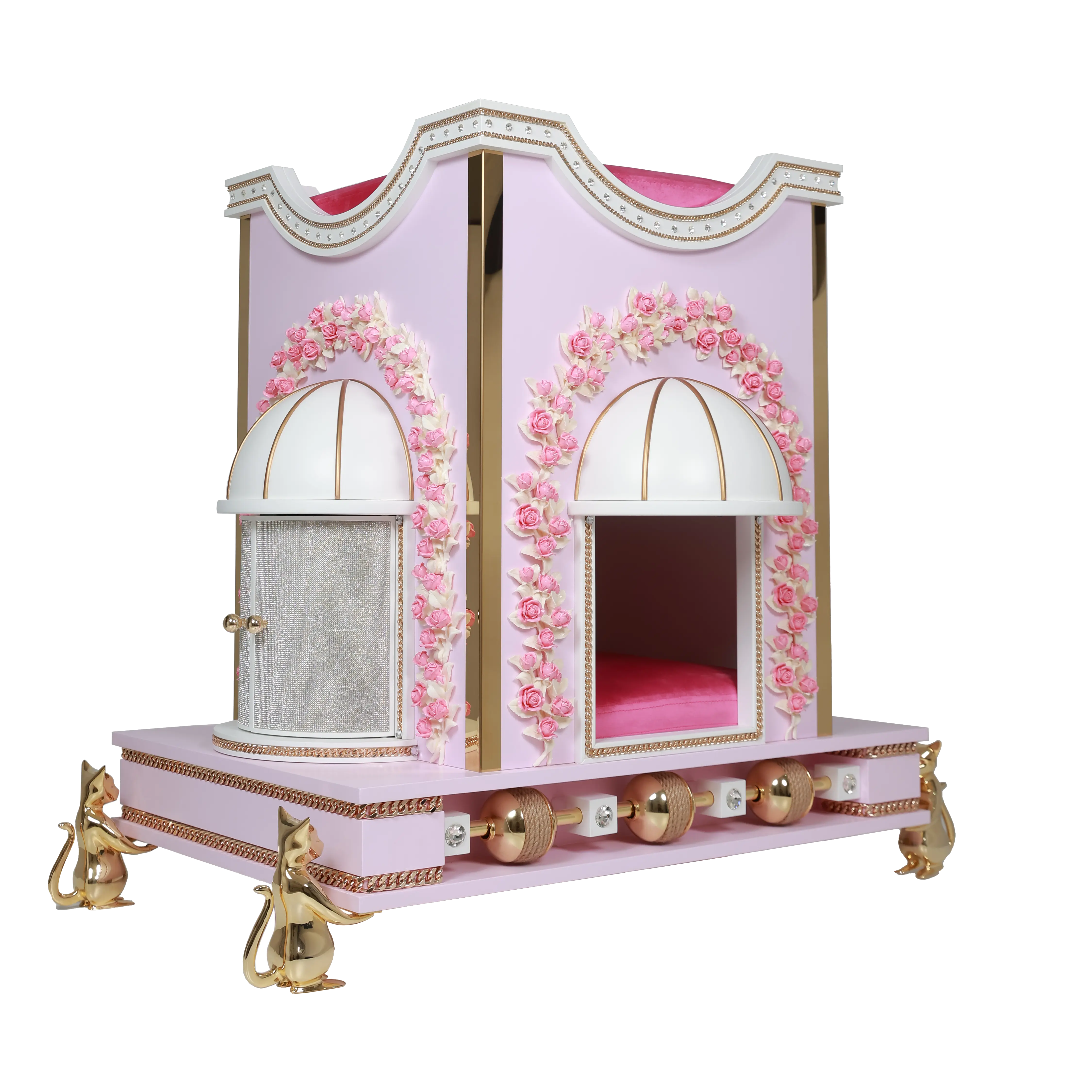 "Interior view of the ROMANCE sanctuary featuring a luxury satin velvet cat mattress for a truly noble and exotic feline experience."