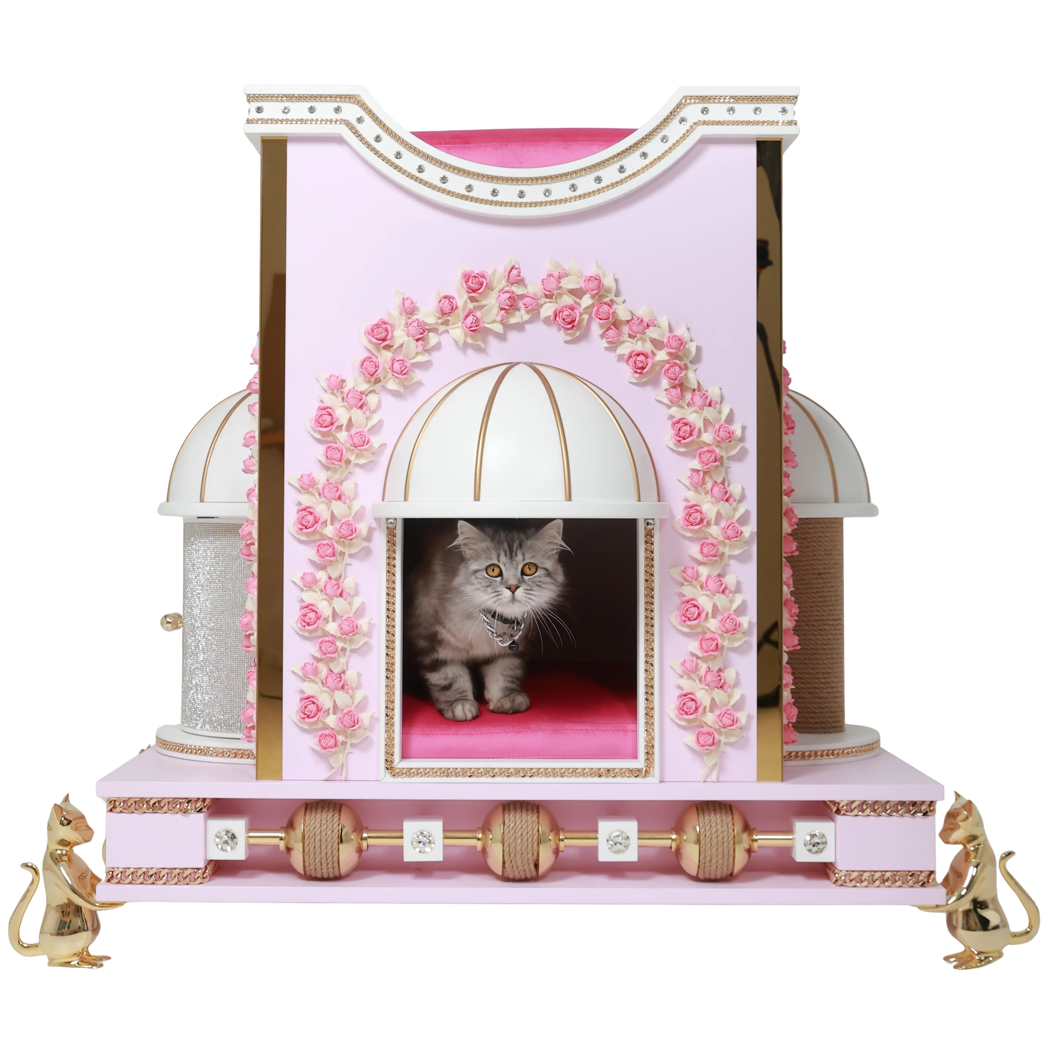 "An elegant front view of the ROMANCE couture pet sanctuary, a bespoke luxury habitat blending refined modern elegance and orchid blush tones."