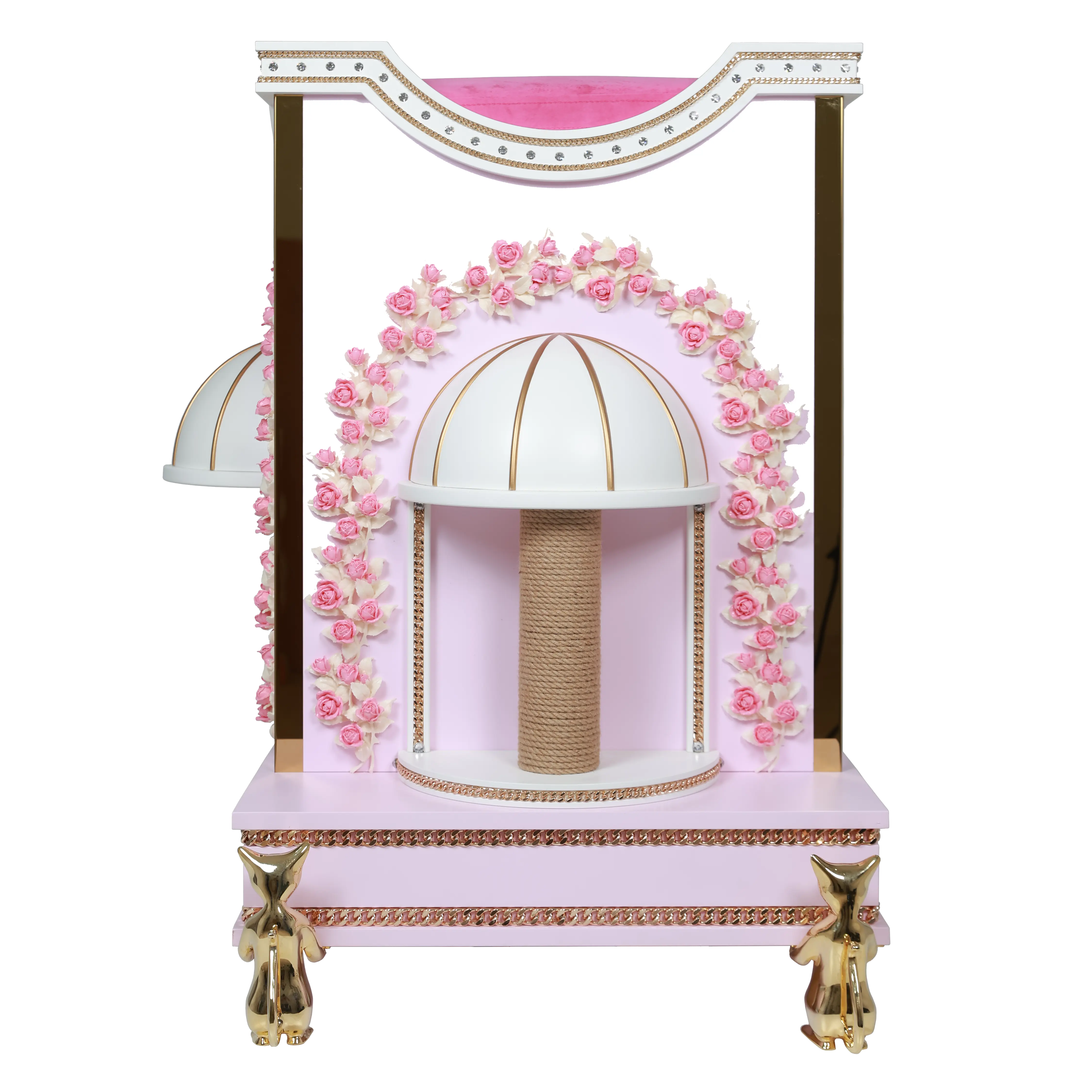 "Luxury sisal rope scratching post on the ROMANCE pavilion, where the wild instinct of the pet meets a romantic architectural masterpiece."