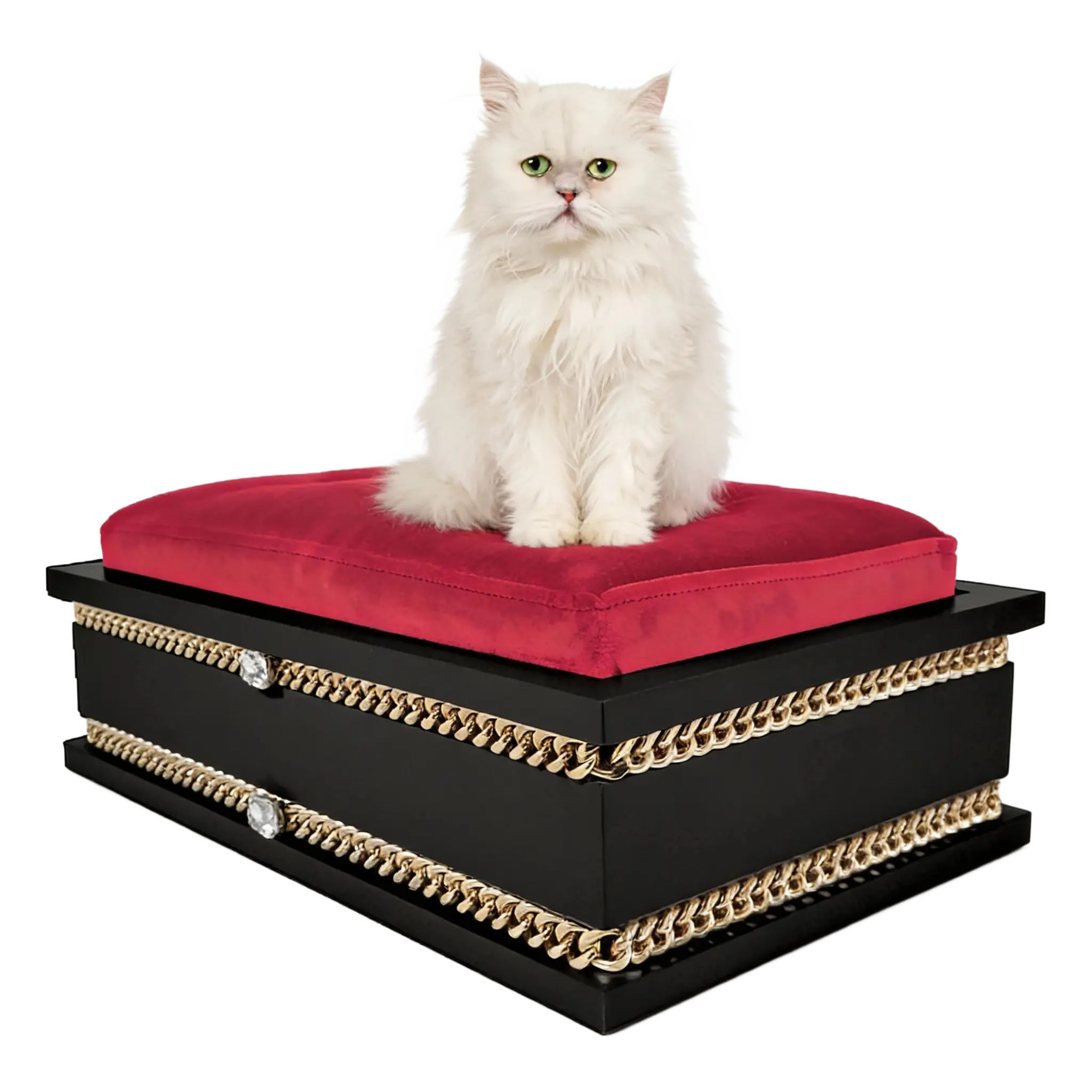FUROAR Rouge Medium luxury designer pet bed for cats and toy dogs with gold jewelry accessories.