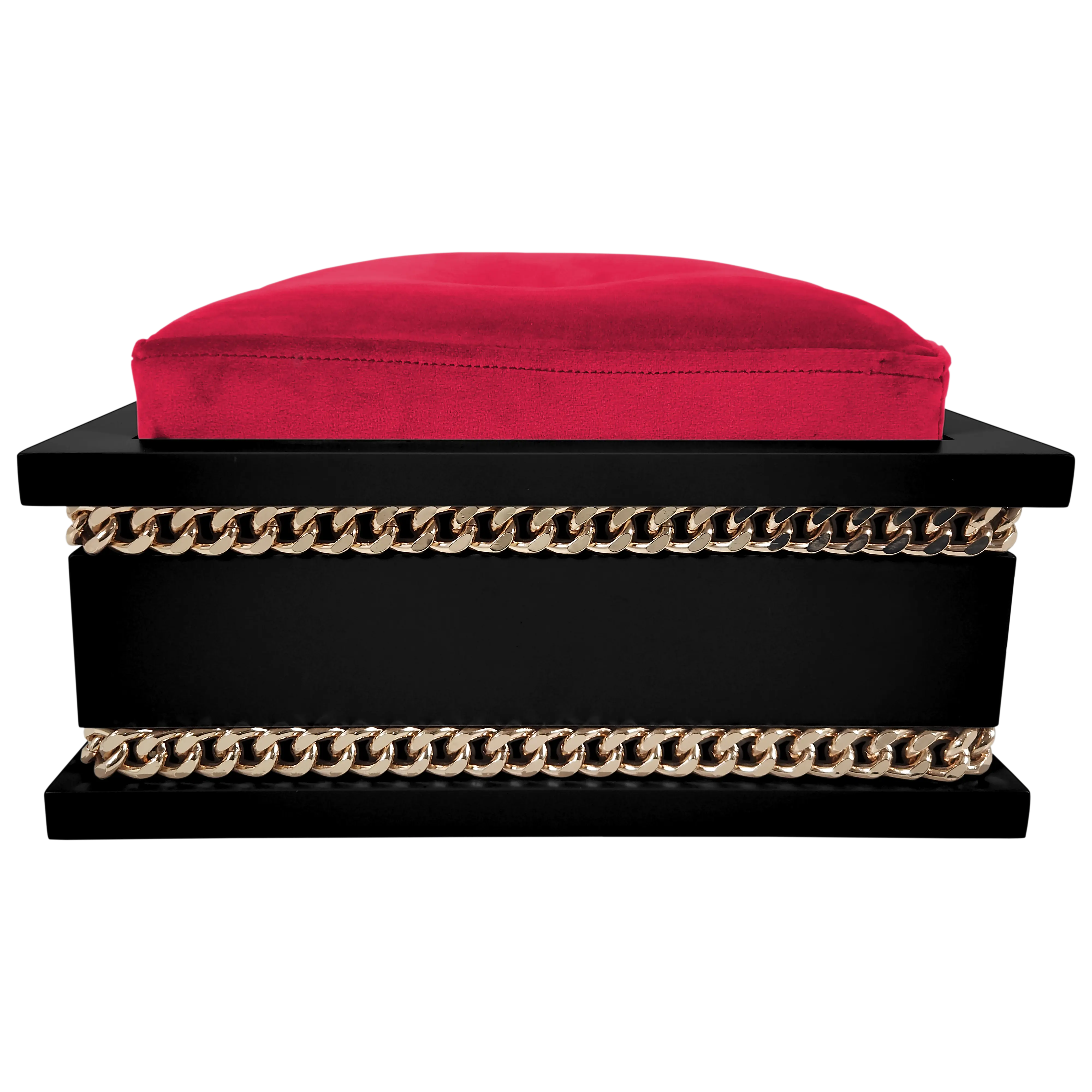 Back view of FUROAR Rouge Small designer pet bed highlighting the gold chain detailing