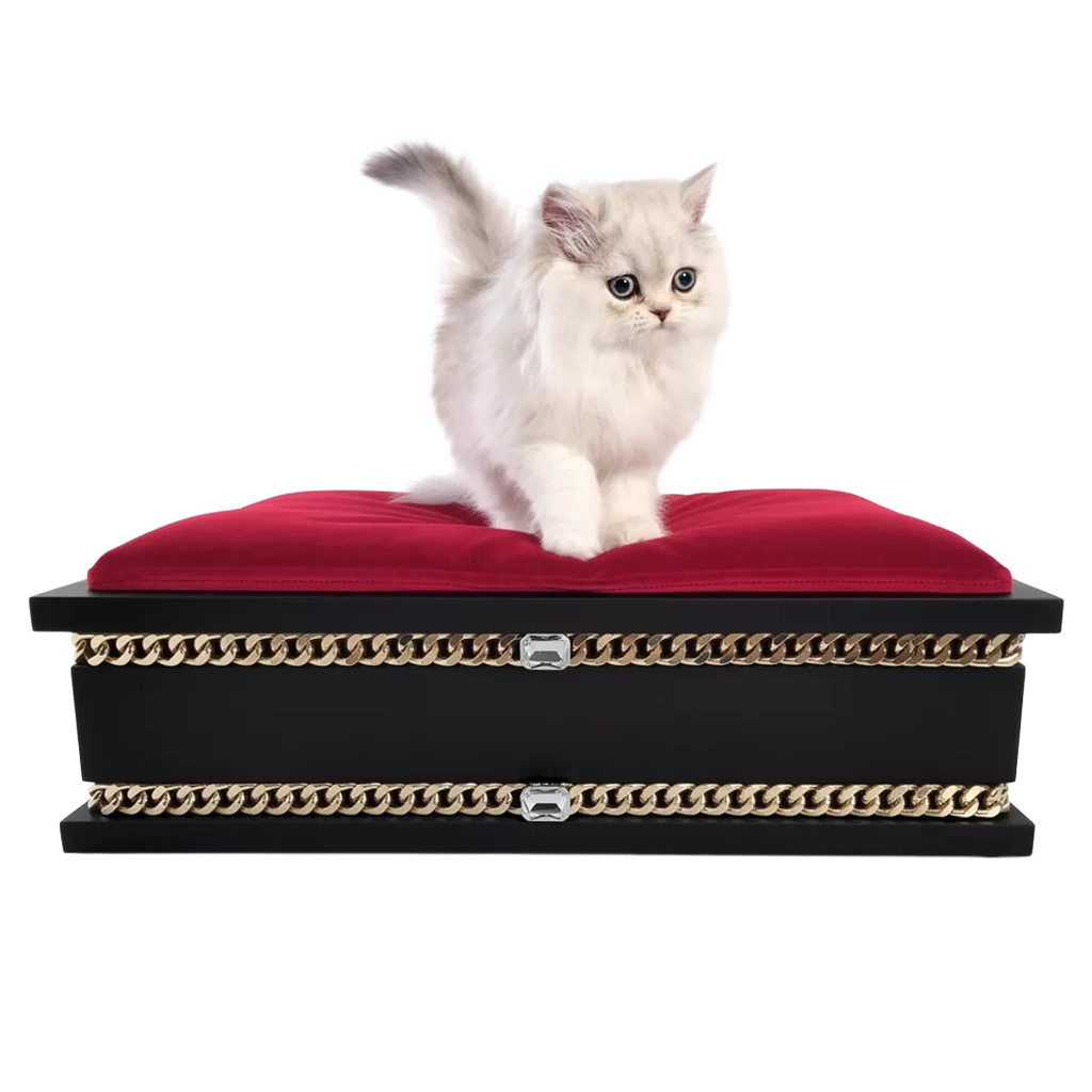 FUROAR Rouge Small luxury designer pet bed for kittens and puppies with gold jewelry accessories.