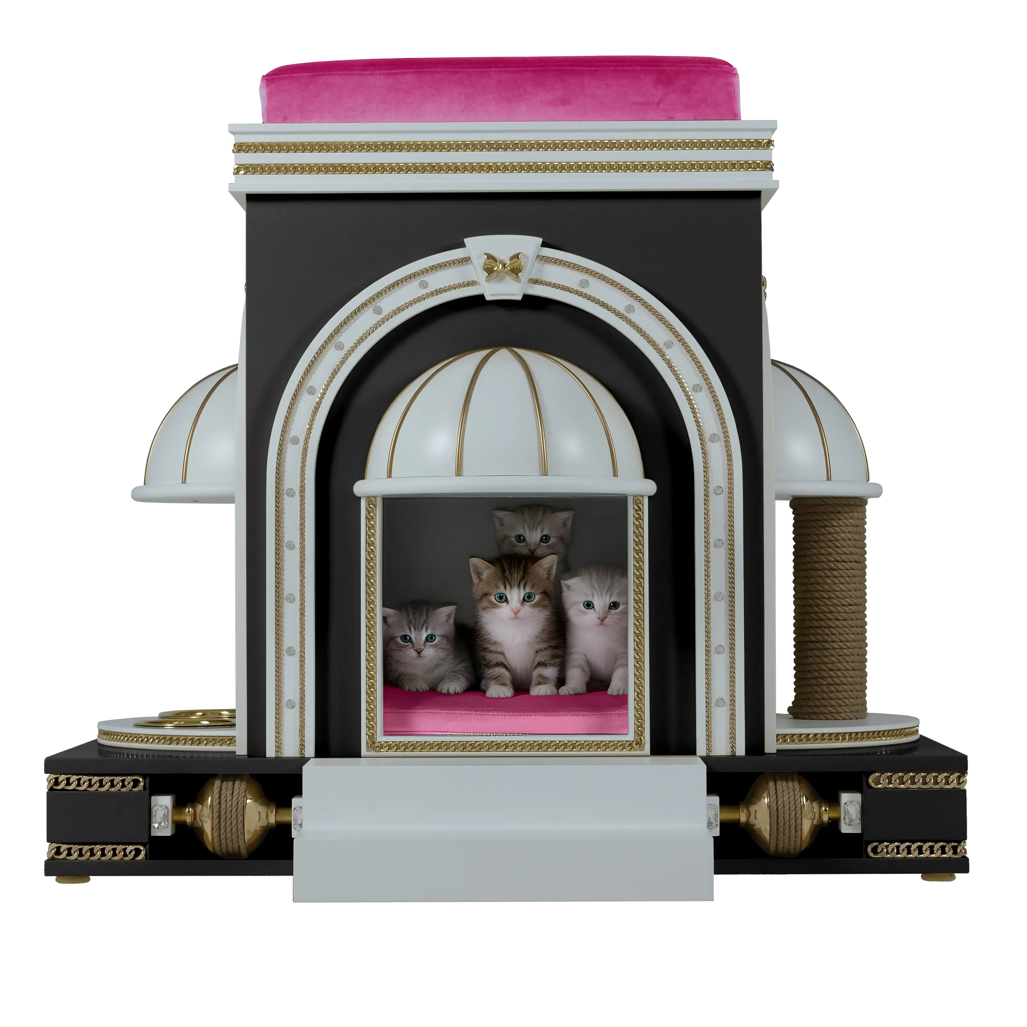 "A noble cat resting inside the ROXETTE luxury cat mansion, an ultra-modern designer sanctuary blending refined modern elegance with a bold architectural silhouette."