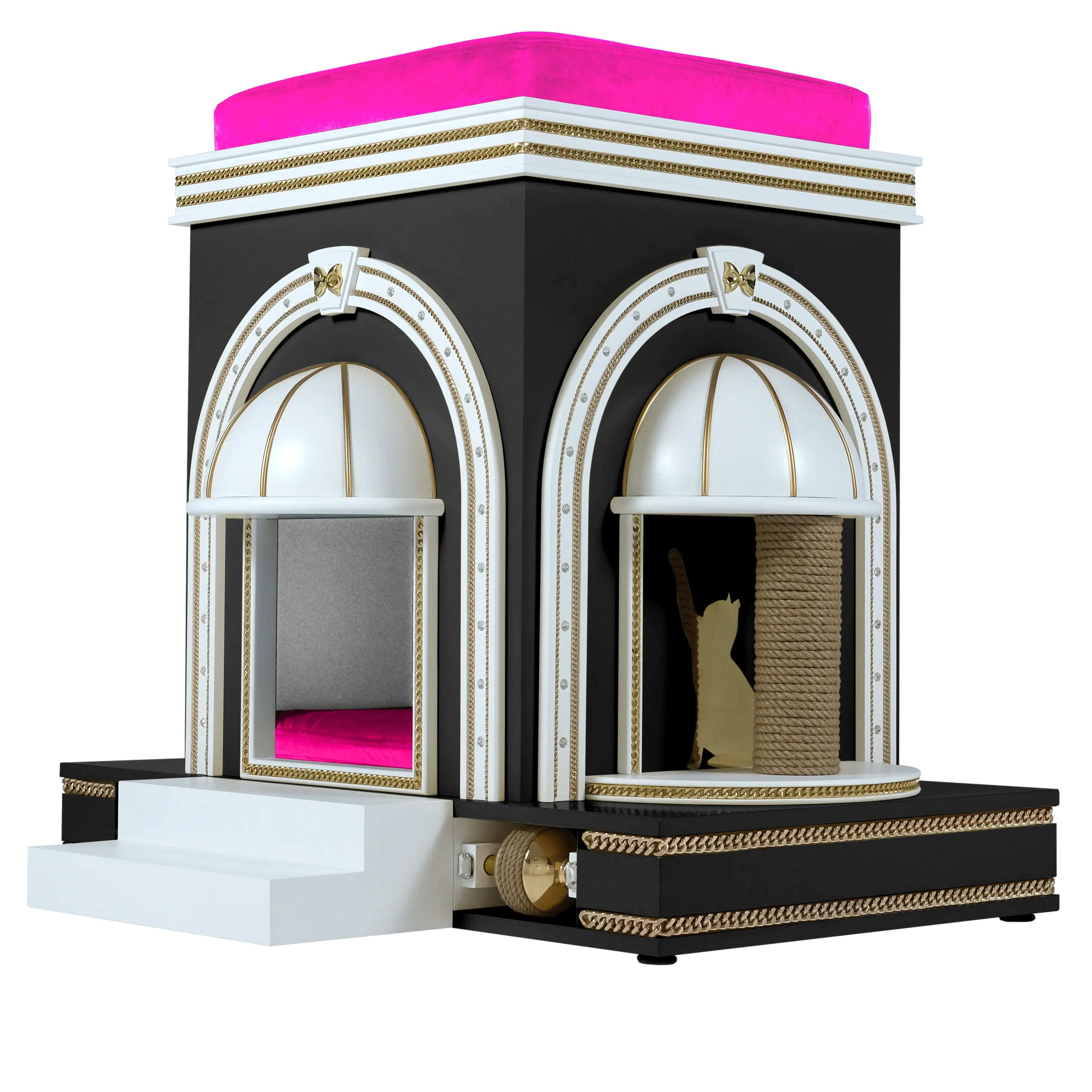 "Side profile of the ROXETTE modern couture cat mansion, highlighting the tamed structural lines and ultra-modern luxury aesthetic."